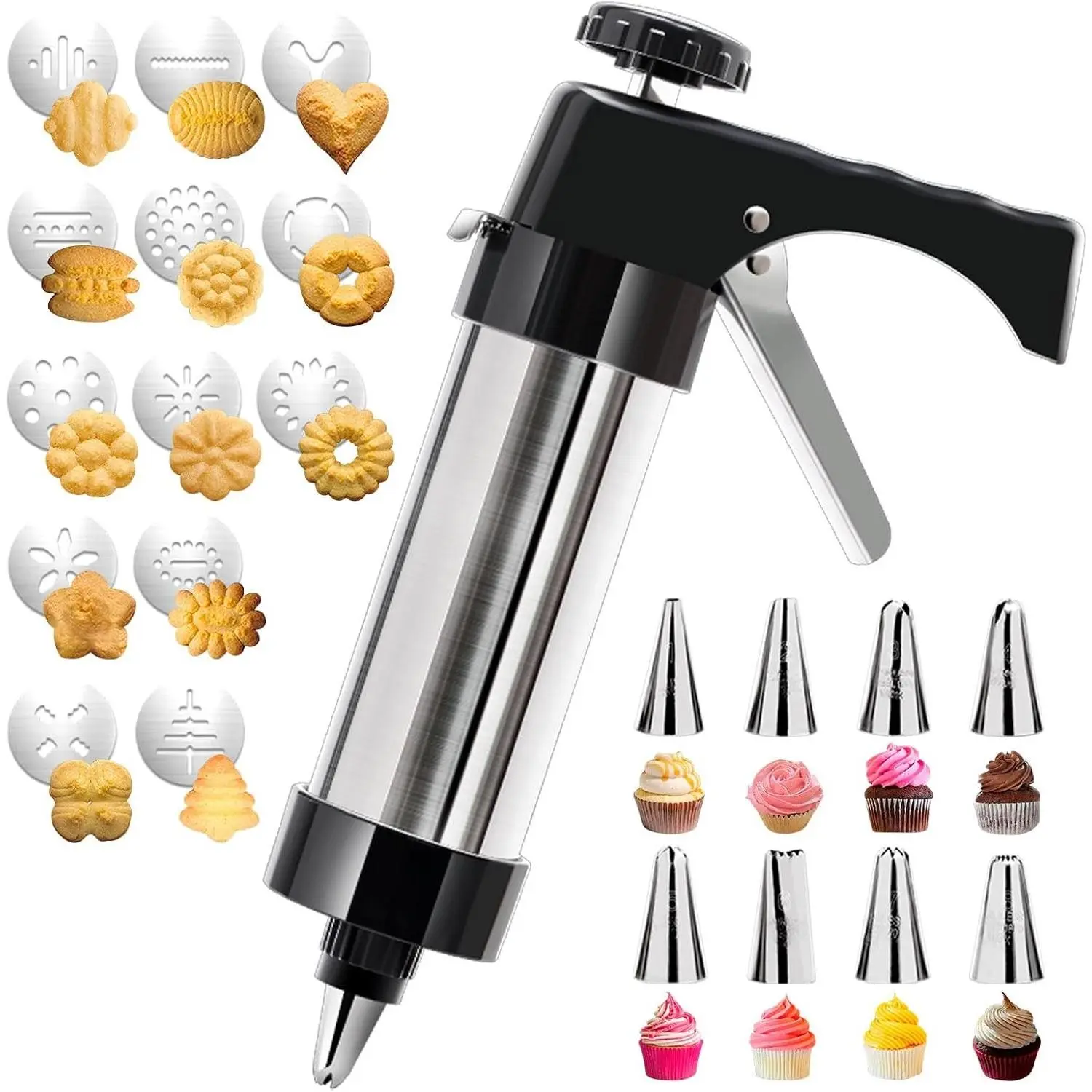 Stainless Steel Baking Cookie Press Gun Kit, Multi-functional Churro Maker with 13 Shape Discs and 8 Icing Piping Tips, DIY Pastry Cake Decorating Tools for Home Kitchen Use