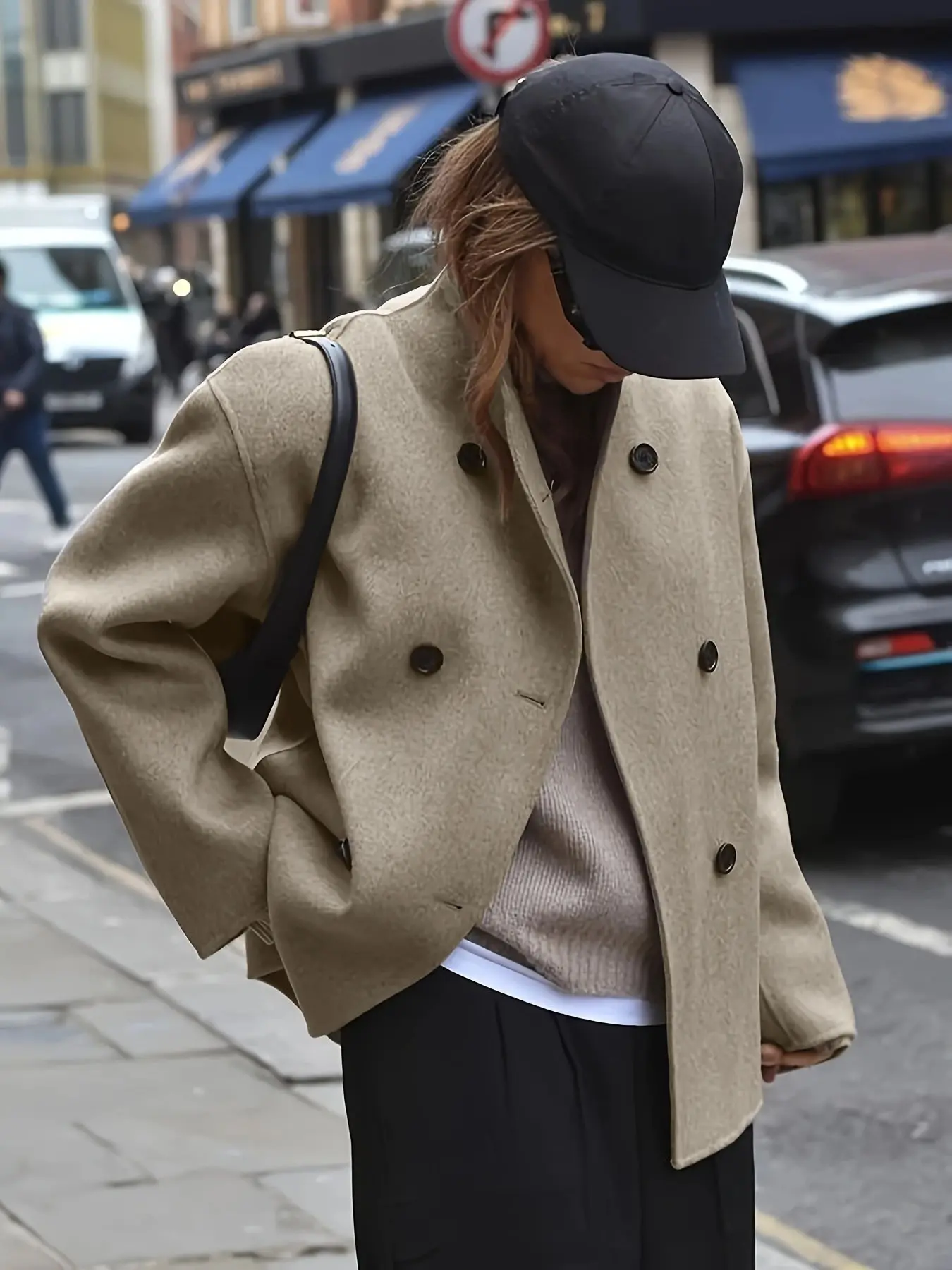 Commute Short Twin-Faced Wool Coat, Stand Collar Double Button, Loose Shoulder Fit, Petite Size, Stylish Outerwear for Women