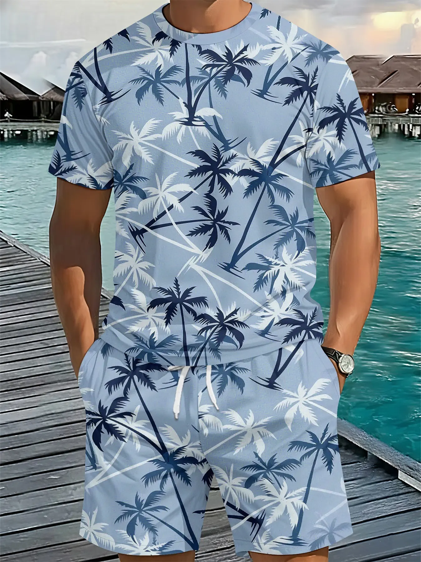 Men's summer outfit set, beach palm scenery tropical full print two-piece set, swimming pool beach travel versatile set