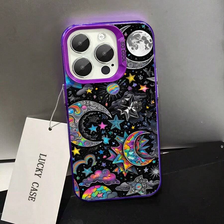 Rainbow Celestial Star Moon Galaxy Phone Case for iPhone 16 15 14 13 12 11 XS Max X XR 8 7 Plus, Purple Frame Witchy Aesthetic Shockproof Anti-Drop Protective Cover, Dreamy Psychedelic Starry Sky Trendy Phone Accessory, Ideal Birthday Holiday Gift, Smartp