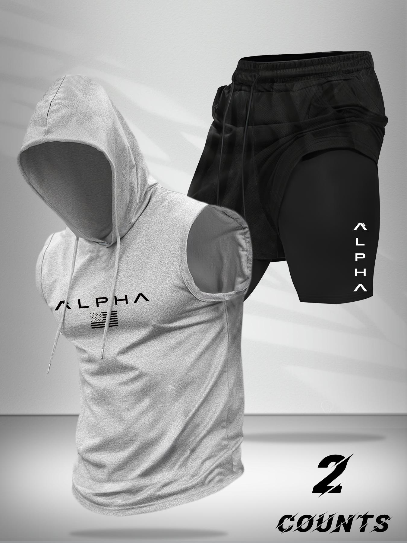 Hooded Vest and Gym Shorts Two-Piece Set, Casual Summer with Letter Pattern, Fitted Knitted Sportswear for Active Lifestyle, Sportswear Running Fitness, Workout Running Clothes, Streetwear Tracksuit Set