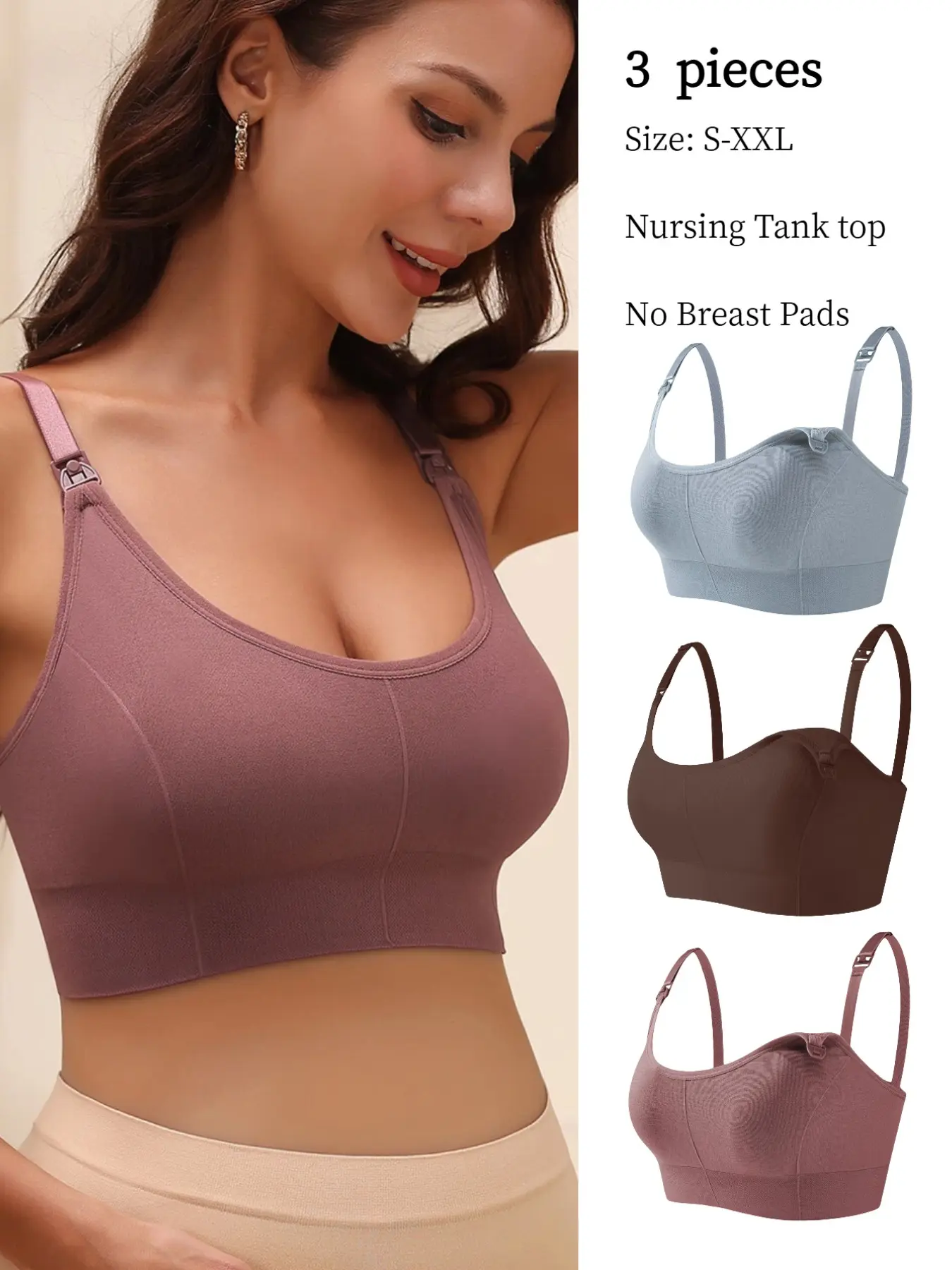 3-Pack Seamless Nursing Bras, Supportive Nursing Underwear, Double-Layer No Pads, Soft Support, Pregnancy & Postpartum, Comfortable Breastfeeding Tops