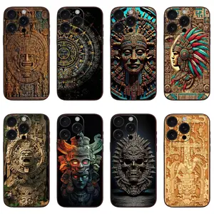 Mayan Aztec Calendar Statue Phone Cases For iPhone 17 16 15 14 13 12 Promax Pro Air Plus Black Soft TPU Shockproof Cover Protection Gifts For Christmas Halloween Birthday