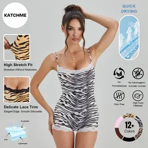 Katch Me Women's Abstract Tiger Print Thin Strap Lace Trim Soft Playsuit, Minimalist Stretch Sweat-Wicking Sleeveless Shapewear, Breathable Sport & Outdoor Clothing