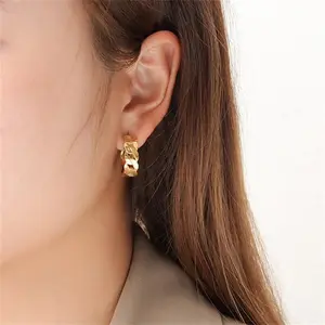 St-Delan14K Gold Plated Stainless Steel Curb Chain Link Hoop Earrings for Women Minimalist C Shaped Open Chunky Stud Earrings