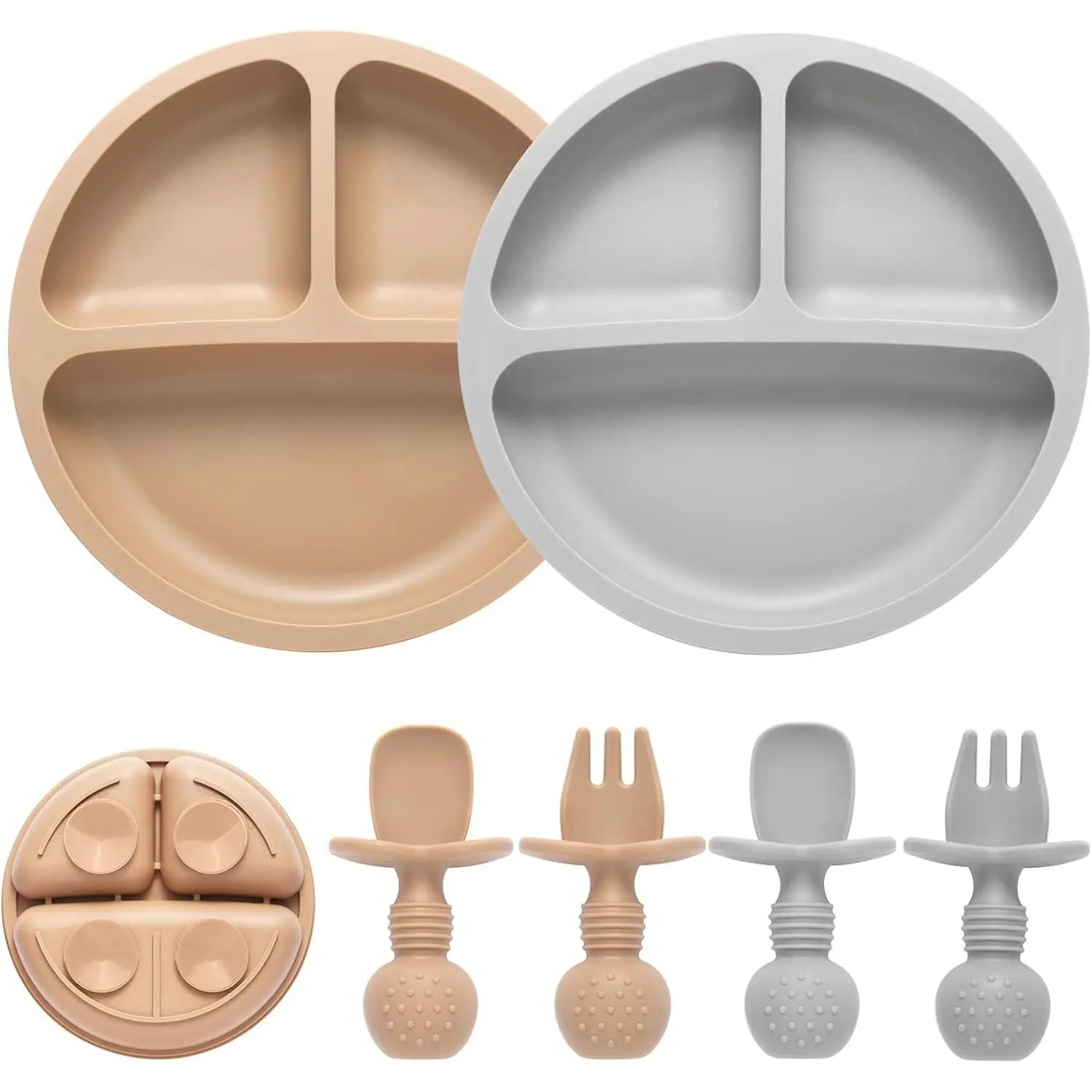 Silicone Toddler Feeding Set - 2 Toddler Size Divided Suction Plates, 2 Spoon & Fork Sets, BPA-Free Baby Led Weaning Dinnerware Essentials, Divided Plate, With Suction