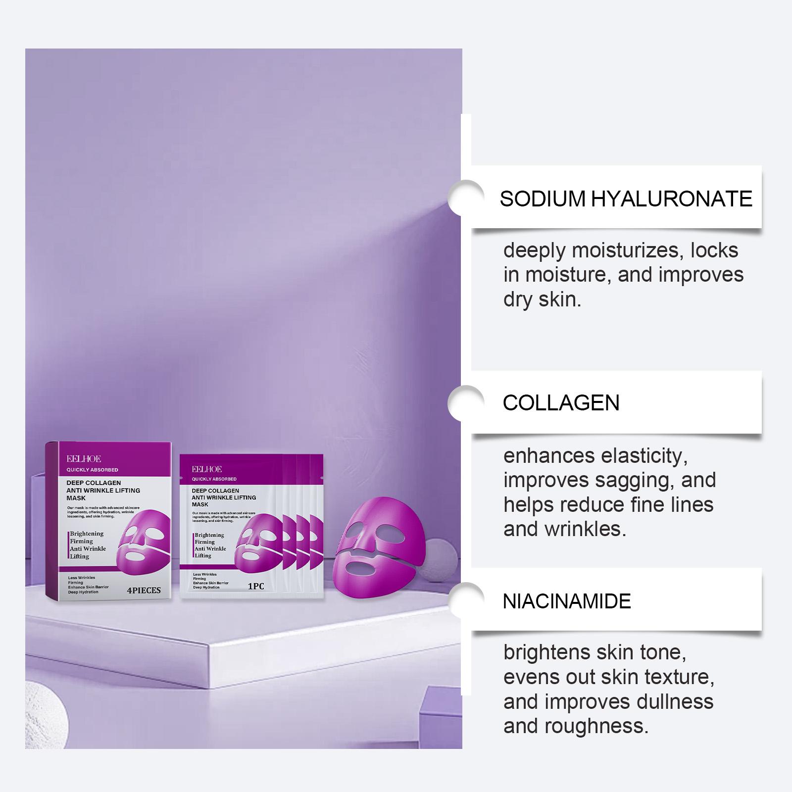 EELHOE Collagen Hydrating Sheet Mask Box Set (4 Sheets), Nicotinamide Glow Facial Mask for Glass Skin, Wrinkle Cream Results for Firming & Pore Tightening, K-beauty Sleeping Mask, Korean Skincare TikTok Exclusive Bundle, Gentle Radiant Dewy Skin