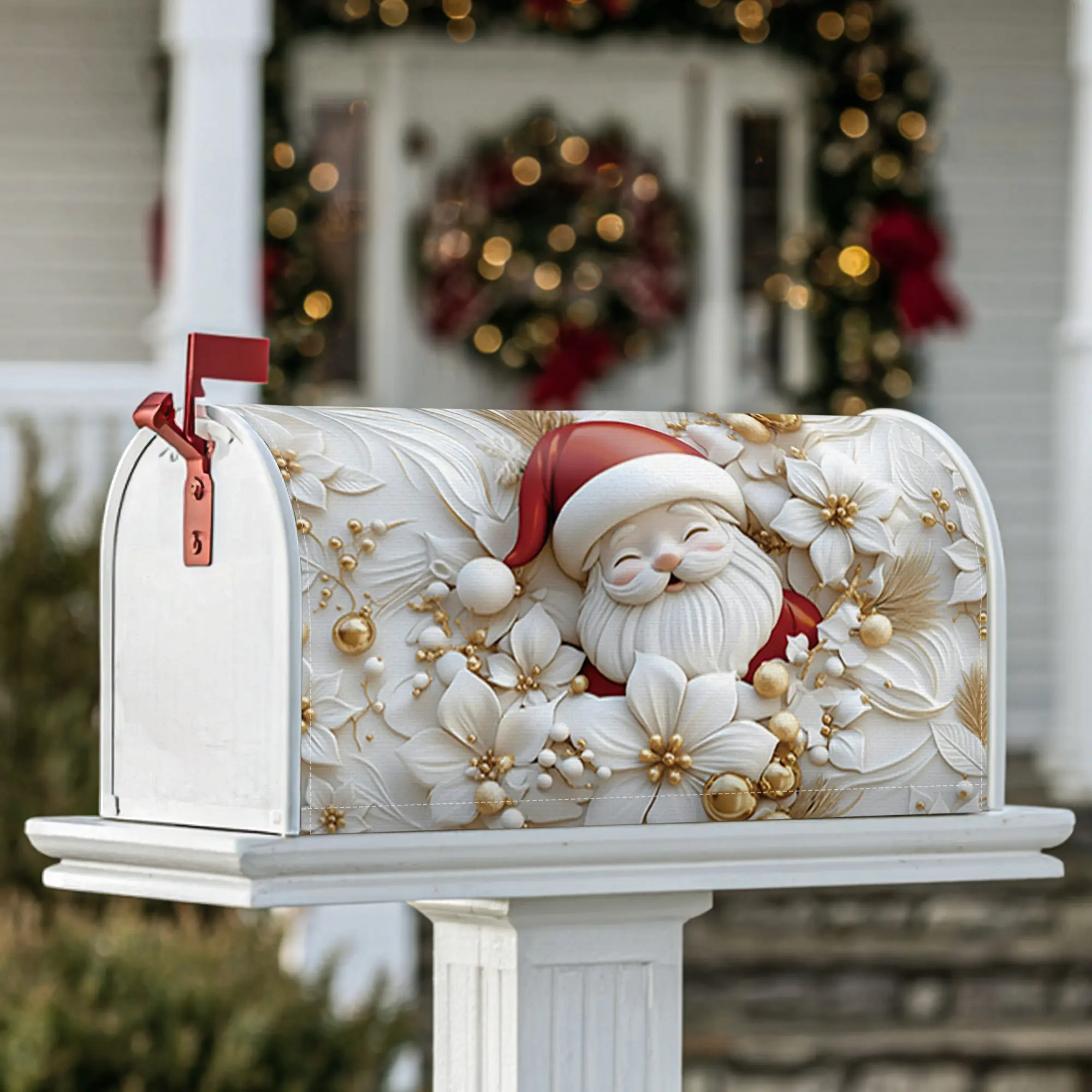 Santa Magnetic Mailbox Covers, Christmas festive flowers gold ornaments Christmas red Mailbox Post Cover for Garden Yard Decor