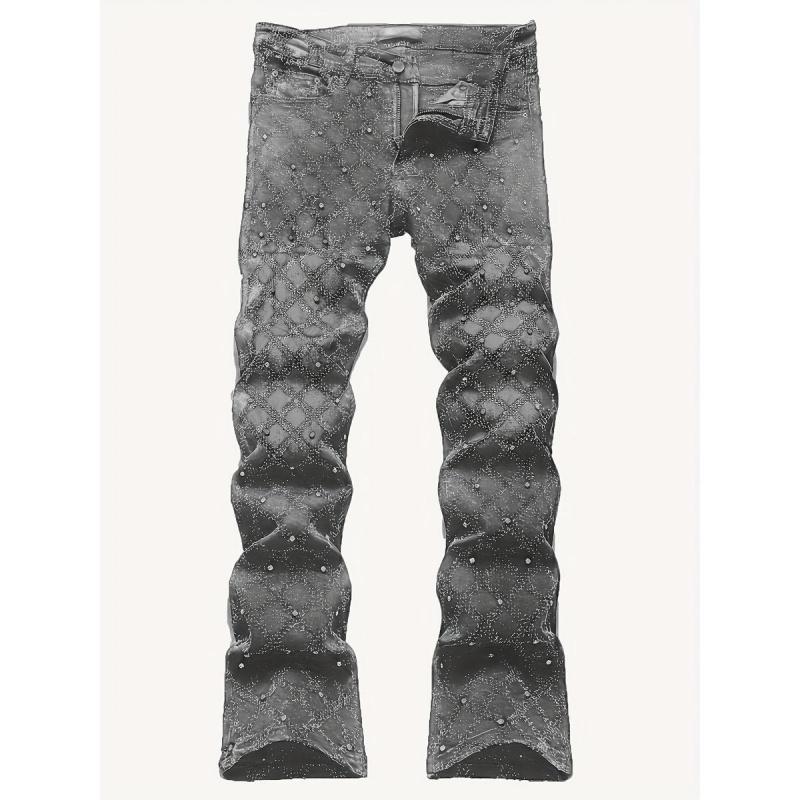 Y2K Men's Shiny Rhinestone Embellished Stretch Slim-Fit Jeans, Casual Street Style Hip-Hop Skateboarding Rap Pants, Machine Washable - All-Season Wear