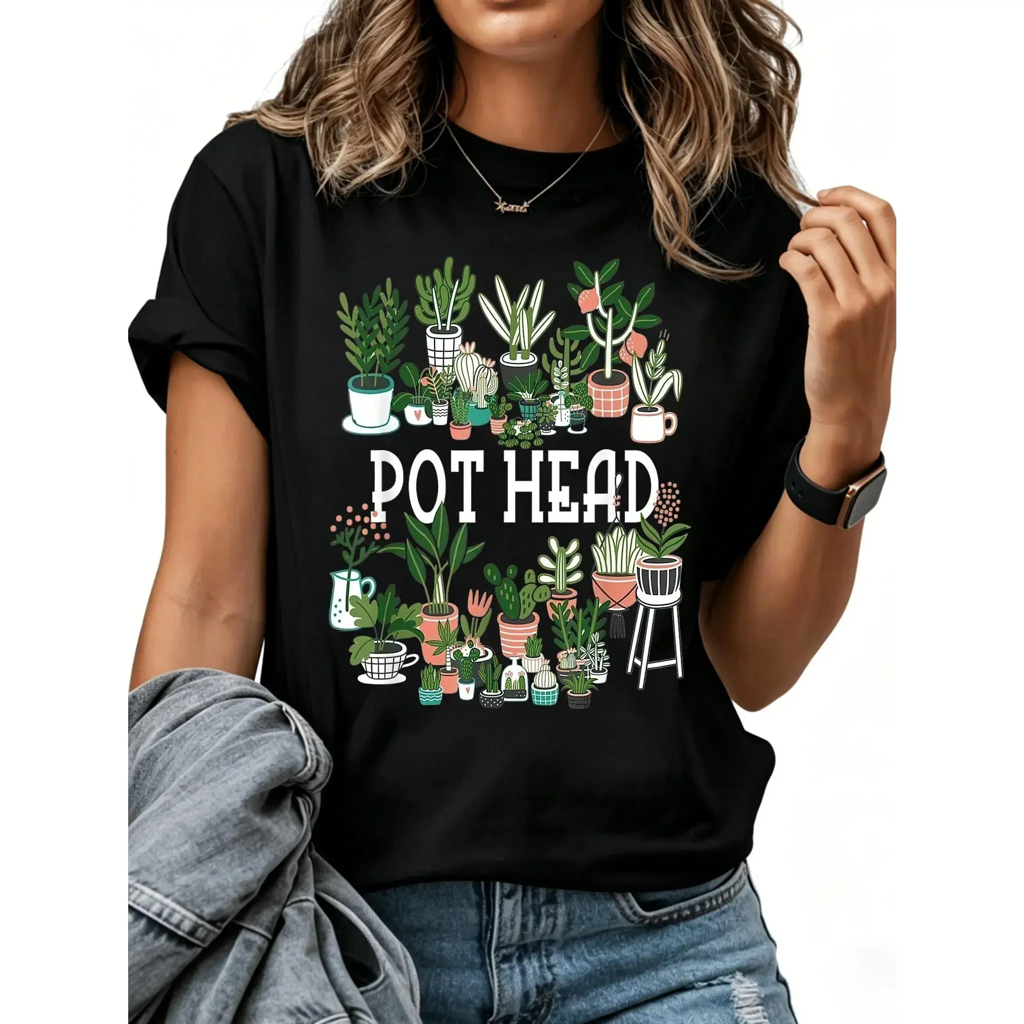 Men's Casual Graphic T-Shirt - Funny "Pot Head" Succulent Design for Plant Lovers - Comfortable 100% Cotton Short Sleeve