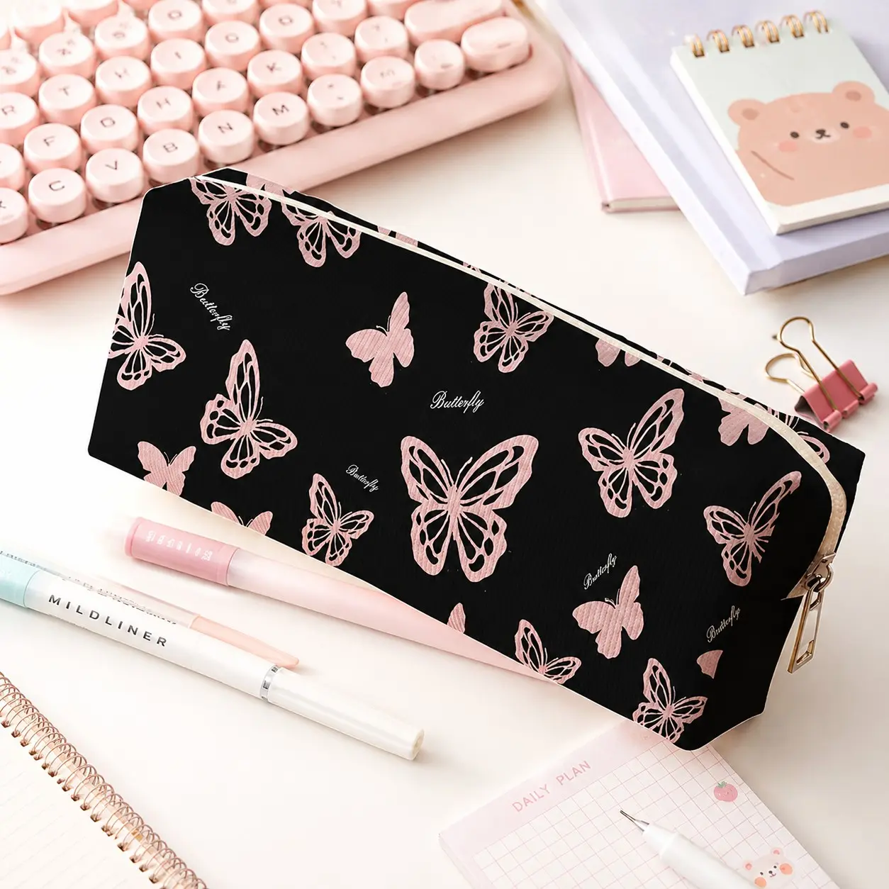 Butterfly print corduroy pencil case, portable zippered stationery pouch, cute pen bag, suitable for student stationery, desk organization, travel, and everyday use