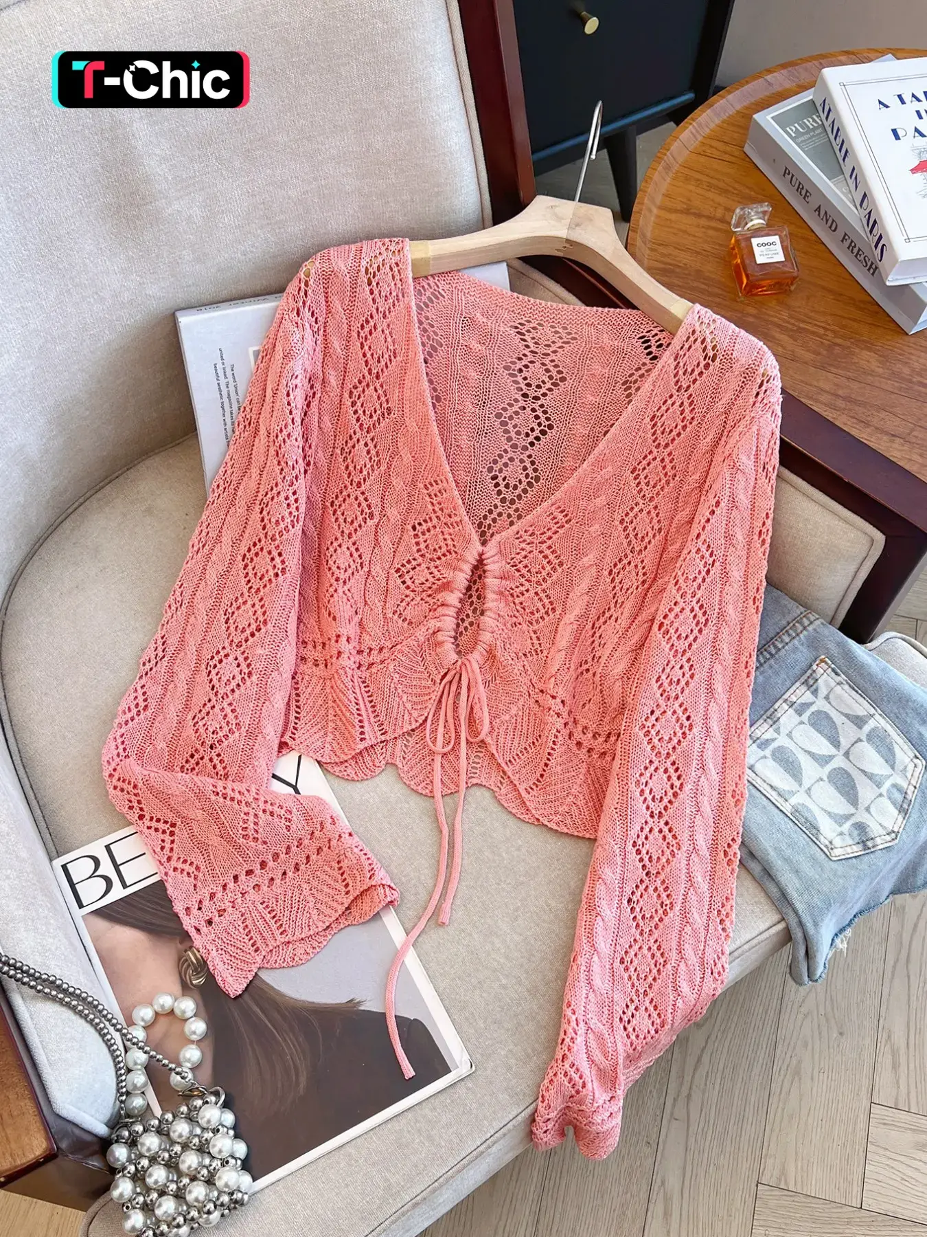 Summer Women's Hollow Out Bow Half Button Lightweight Breathable Fitted Knitwear Fabric, Casual Sweet Vacation Style, Ice Silk Sun Protection Sweater, Knitting, Womenswear