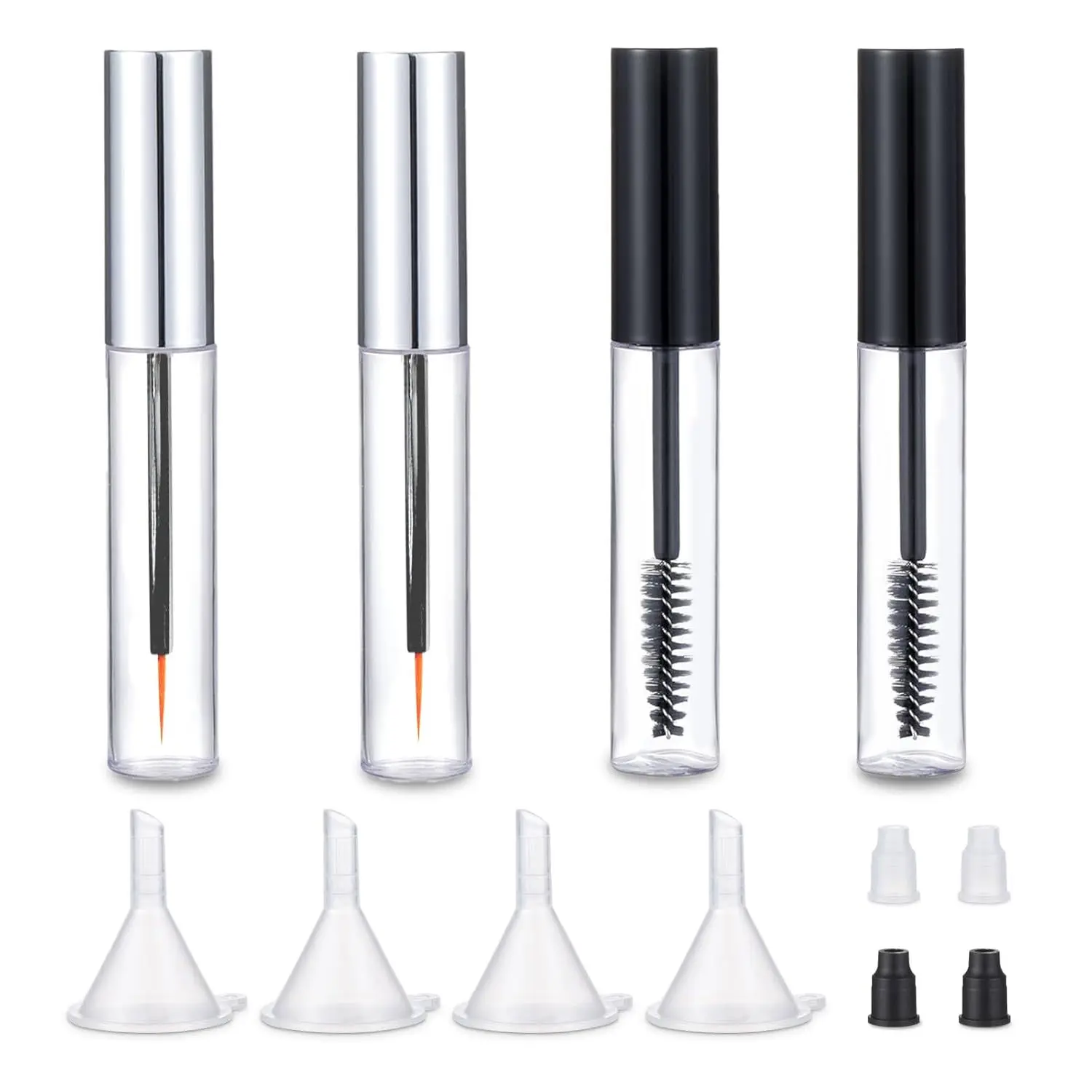 8ml Mascara Tube Empty and Wand Eyelash Cream Container Bottle 7ml Transparent Empty Mascara and Eyeliner Tubes with Rubber Inserts and Funnels Set for Castor Oil DIY(Silver, Black)