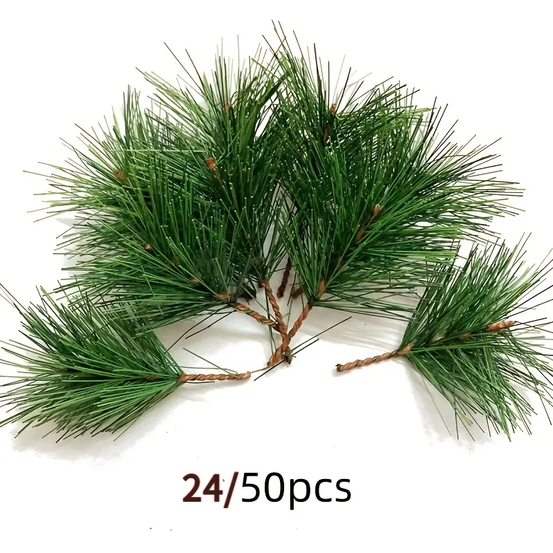 24/50 pcs lifelike artificial green pine needles-2.75-inch twigs and stems, suitable for holiday Christmas wreaths, holiday decorations and DIY flower arrangements-high quality, multifunctional modeling, Christmas trees, Artificial Plants