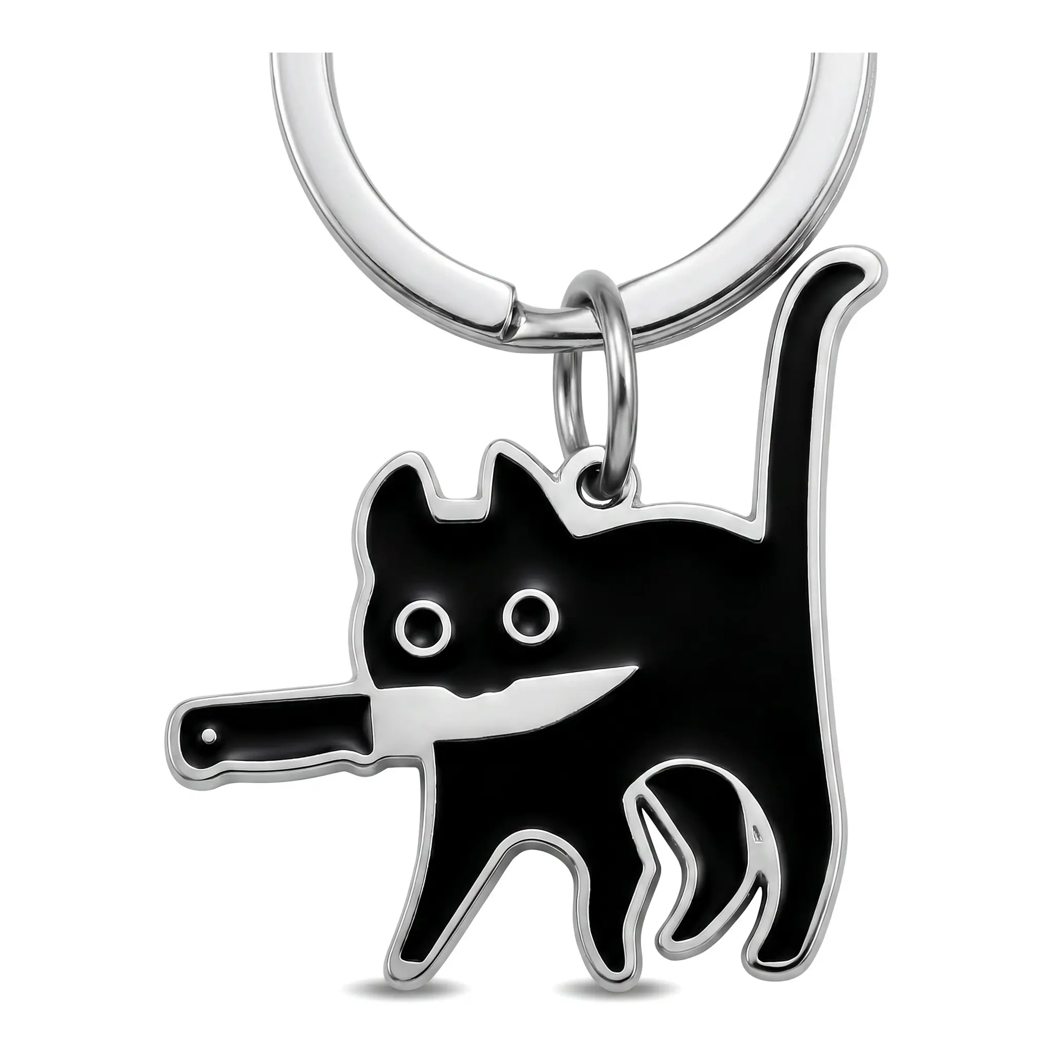 Cute Black Cat Holding a Knife Keychain, Durable Corrosion-Resistant Stainless Steel Compact Pendant, Casual Birthday Gifts Idea for Friends