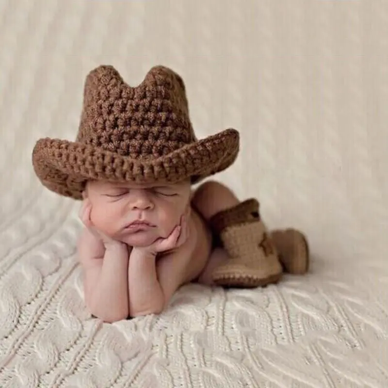Unisex Newborn Handmade Cowboy Hat & Shoe Set - Soft Polyester, Breathable Cloth, Safe Materials, Baby Shower Gifts, Cowboy Themed Party Infant Costume Props