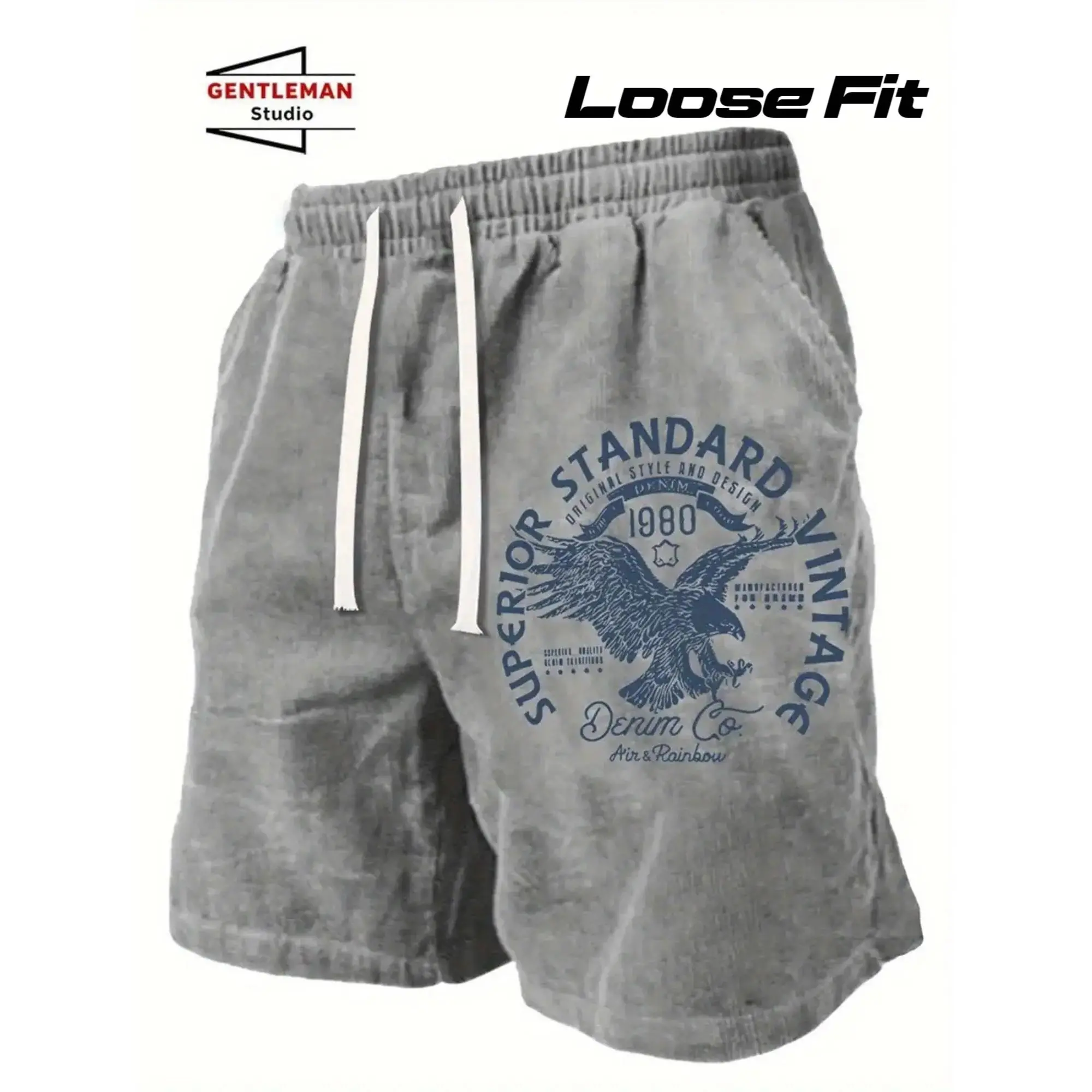 Men's Cotton Shorts, Vintage Washed Loose-Fit Athletic Style with Elastic Drawstring Waist for Summer Casual & Gym, Friends, Family, Breathable, Elastic Waist, Machine Washable, Male, Soft