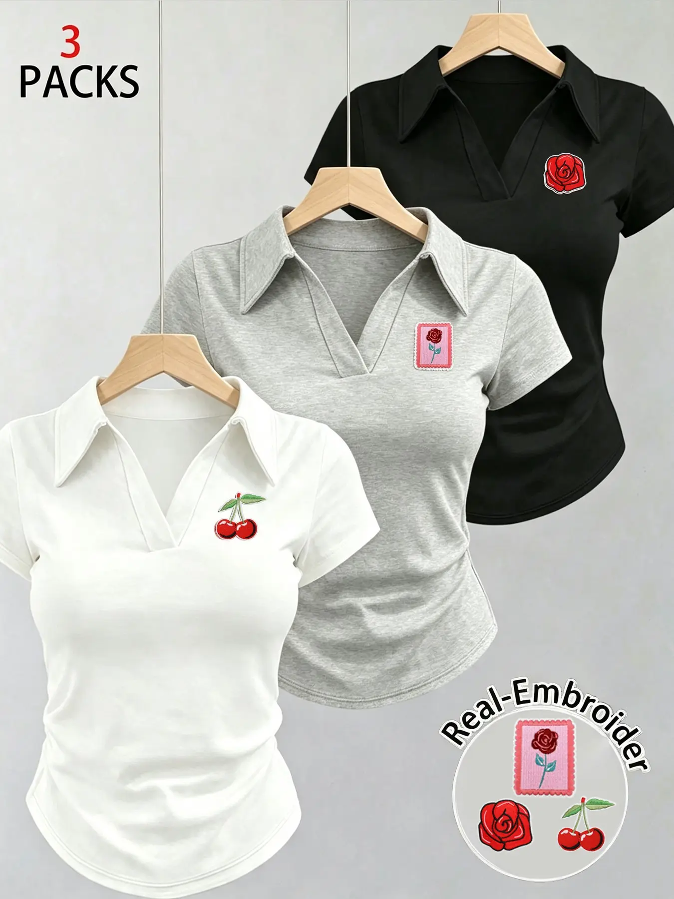 Women 3-Pack Lapel V-Neck Tees, Short Sleeve Fitted Look, Cherry & Rose Embroidery, Versatile Daily, Tailored Collar Design