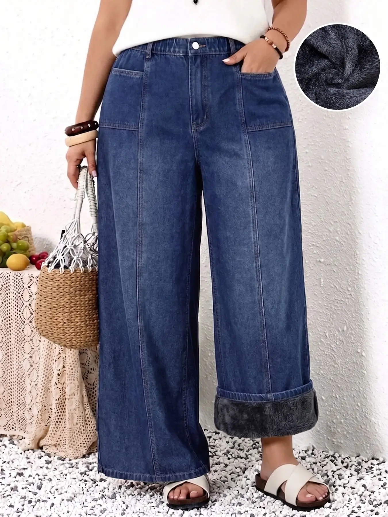 Plus Size Fleece Lined Wide Leg Jeans Pants, High Waist Back Elastic Denim with Pockets, Loose Fit Daily Casual Wear, All Seasons