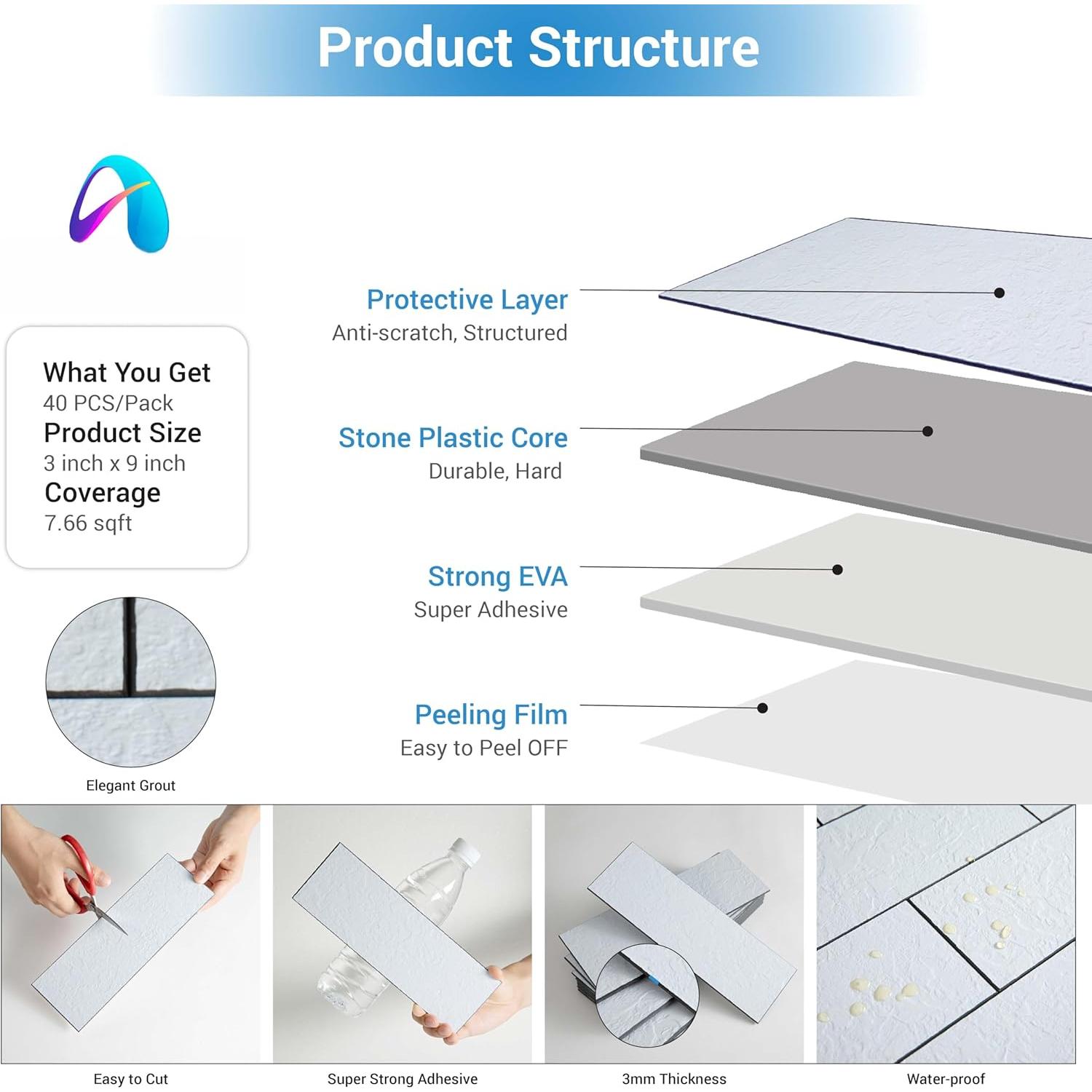 40 count Peel and Stick Backsplash, 3" x 9" SPC Wall Tiles, Upgraded Structured Soft Glossy  White Slate with Black Grout Backsplash Stick on Tile for Kitchen, Bathroom, Fireplace, RV