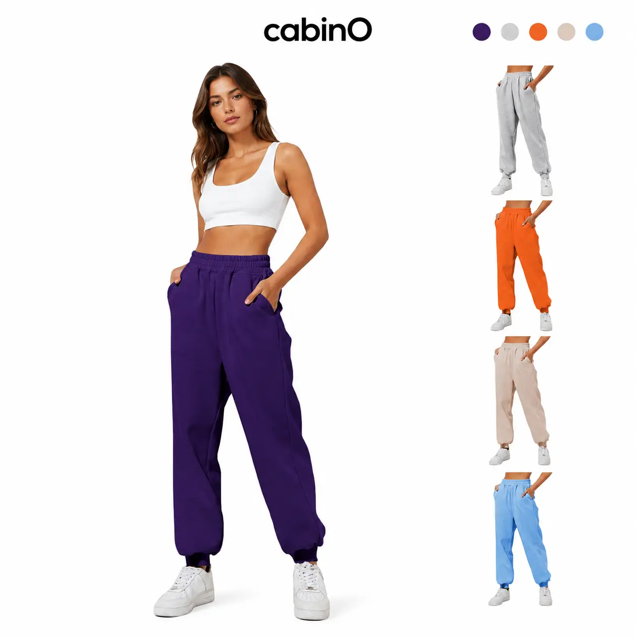 Cabino Women’s Purple Full-Length Jogger Sweatpants, Soft Fabric High-Waist Relaxed-Fit Athletic Pants with Elastic Waist, Cuffed Ankles, Side Pockets for Lounge, Workout, Casual Wear