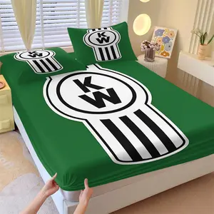 3-Piece Fashion Green Base Classic KW Kenworth Print Fitted Sheet Set,1 Fitted Sheet+2 Pillowcases,Soft Cozy Fabric,HD Digital Print,Deep Pocket Non Slip Bed Cover,All Season Easy Care Bedding for Guest Room & Country Style Present