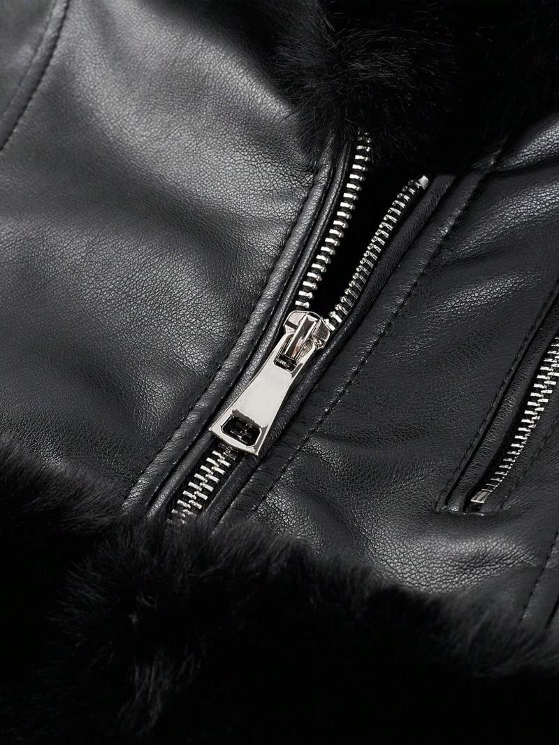 Women's Fall Winter PU Jacket, Vintage Style Fitted Long Sleeve Coat, Warm Daily Wear with Adjustable Waist Belt, Casual Plain Design