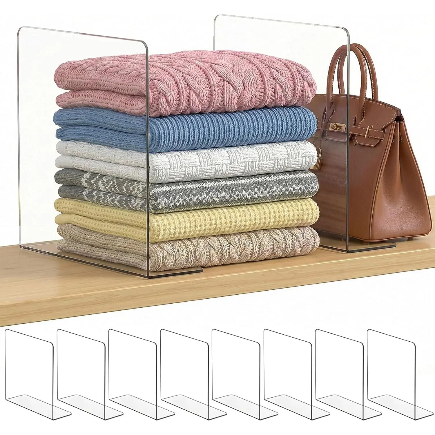 Shelf Dividers for Closet Organization: 12" Tall x 12" Deep, Taller Adhesive Separators Features Acrylic Material and Provides Storage for Clothes and Purses in Bedroom Cabinets(8-Pack)