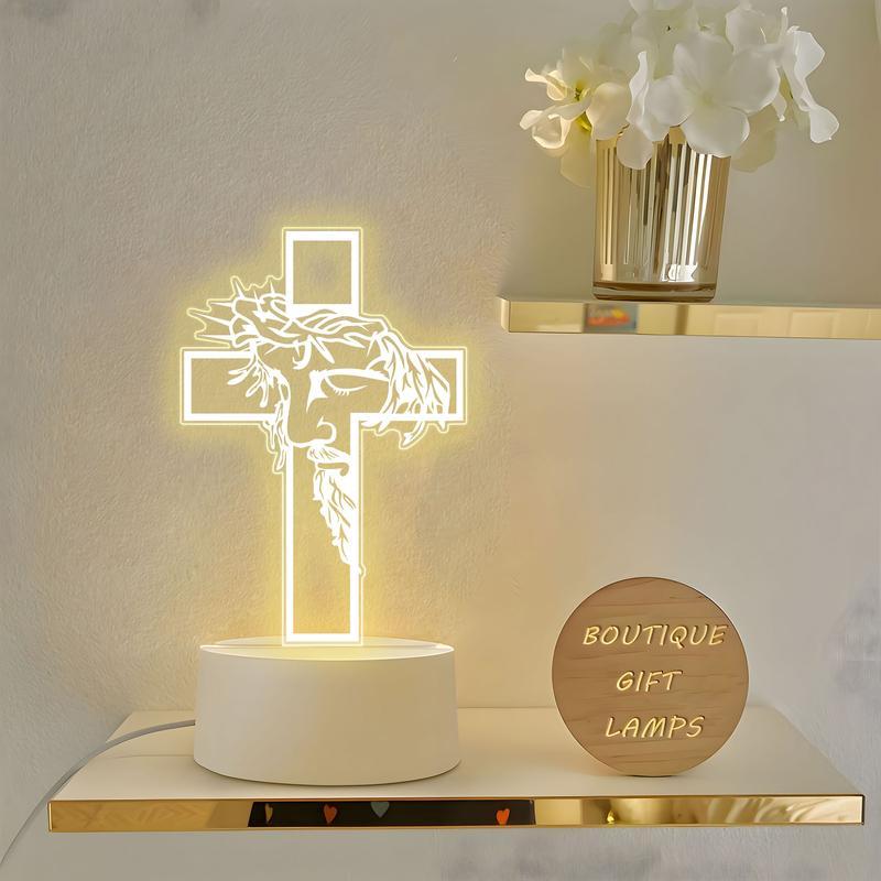 Jesus Cross 3D Night Light - Christian Religious Faith LED Lamp, Catholic Gift for Men Women, Aesthetic Acrylic Room Decor for Bedroom Prayer & Church, USB Powered