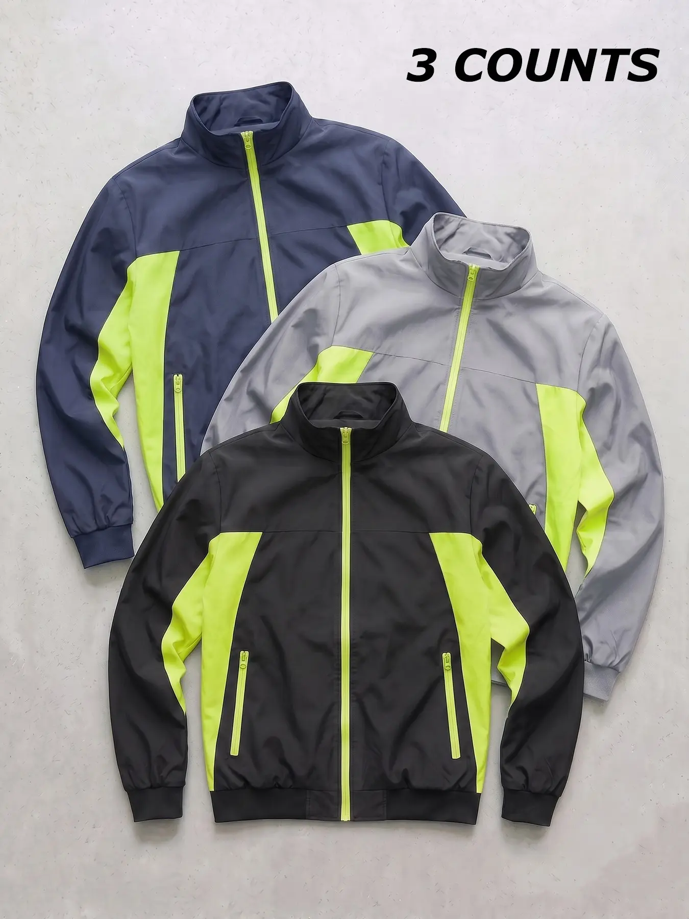 3 Piece Set Men's Colorblock Patchwork Jacket with Zipper Pockets, Long Sleeve Stand Collar Zip Up Coat, Spring Fall Casual Sports Outwear Outfits Tops