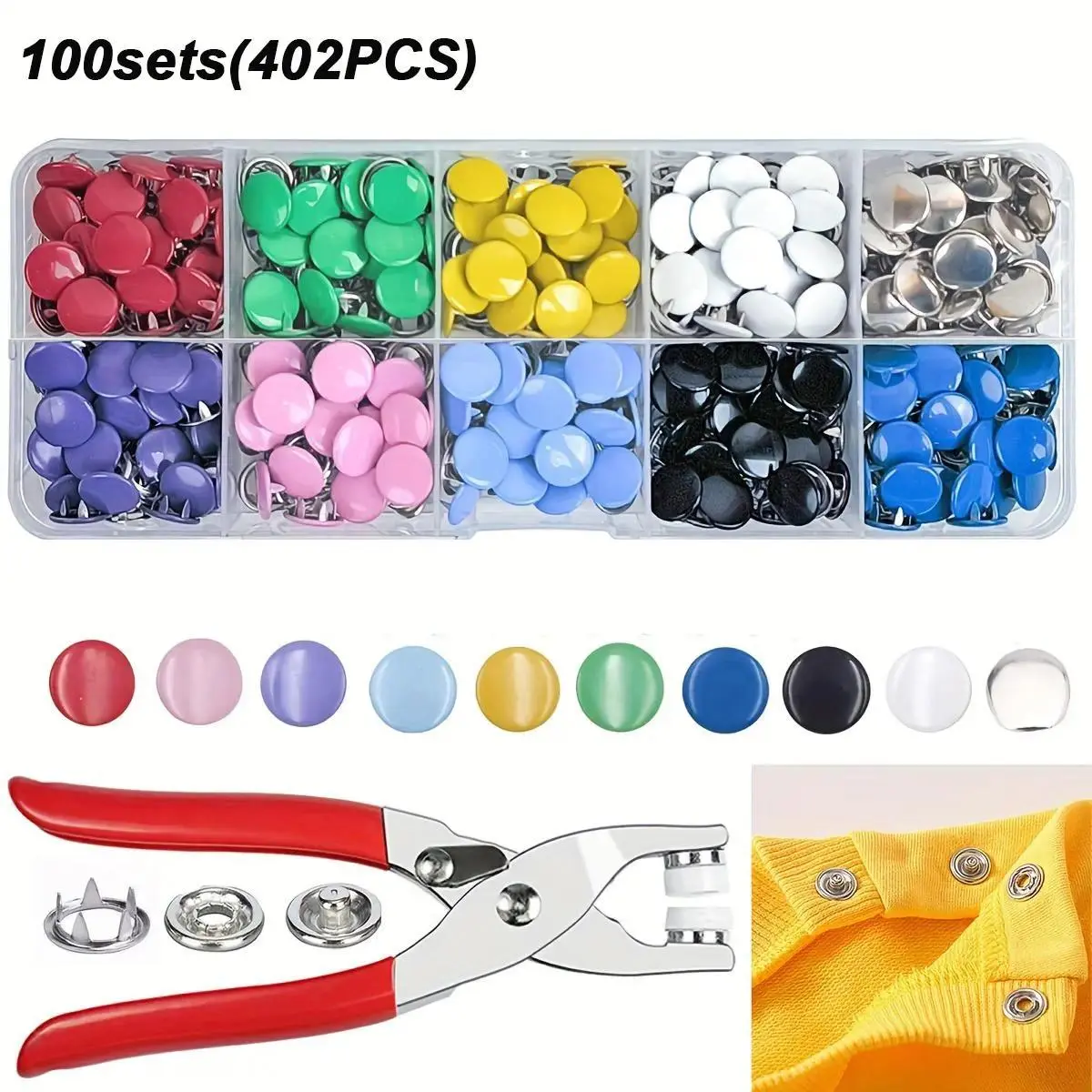 100 Sets Snap Button Kit (402Pcs), Colorful Metal Sewing Buttons with Pliers & Storage Box, DIY Clothing Repair Kit for Jeans, Jackets, Bags, Hats & Home Sewing Crafts summervibes