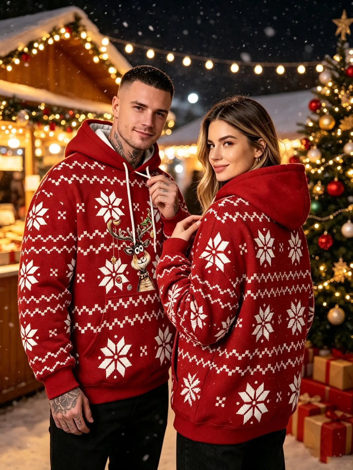 Couple Matching Hoodie Set, Christmas Reindeer Snowflake Print, Loose Fit Drawstring Hooded Top, Winter Holiday Unisex Clothing
