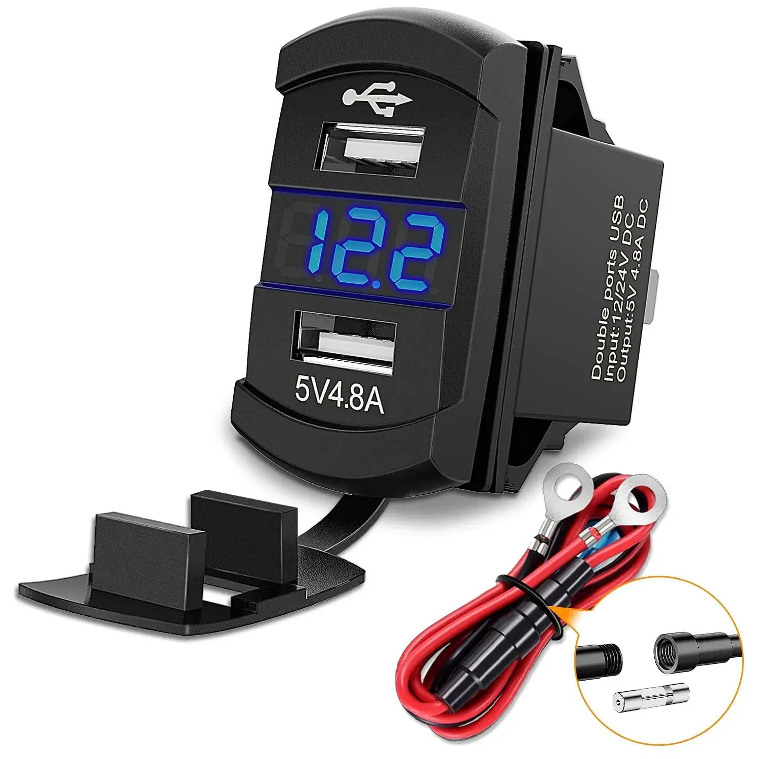 Nilight Rocker Switch Style Dual USB Car Charger Adapter - DC Multiport Vehicle Charger, LED Voltmeter, Vertical Side-by-Side Design, Fast DC Charging, Wiring Harness Included, Universal for Cars, Boats, Golf Carts, Multiport Charger
