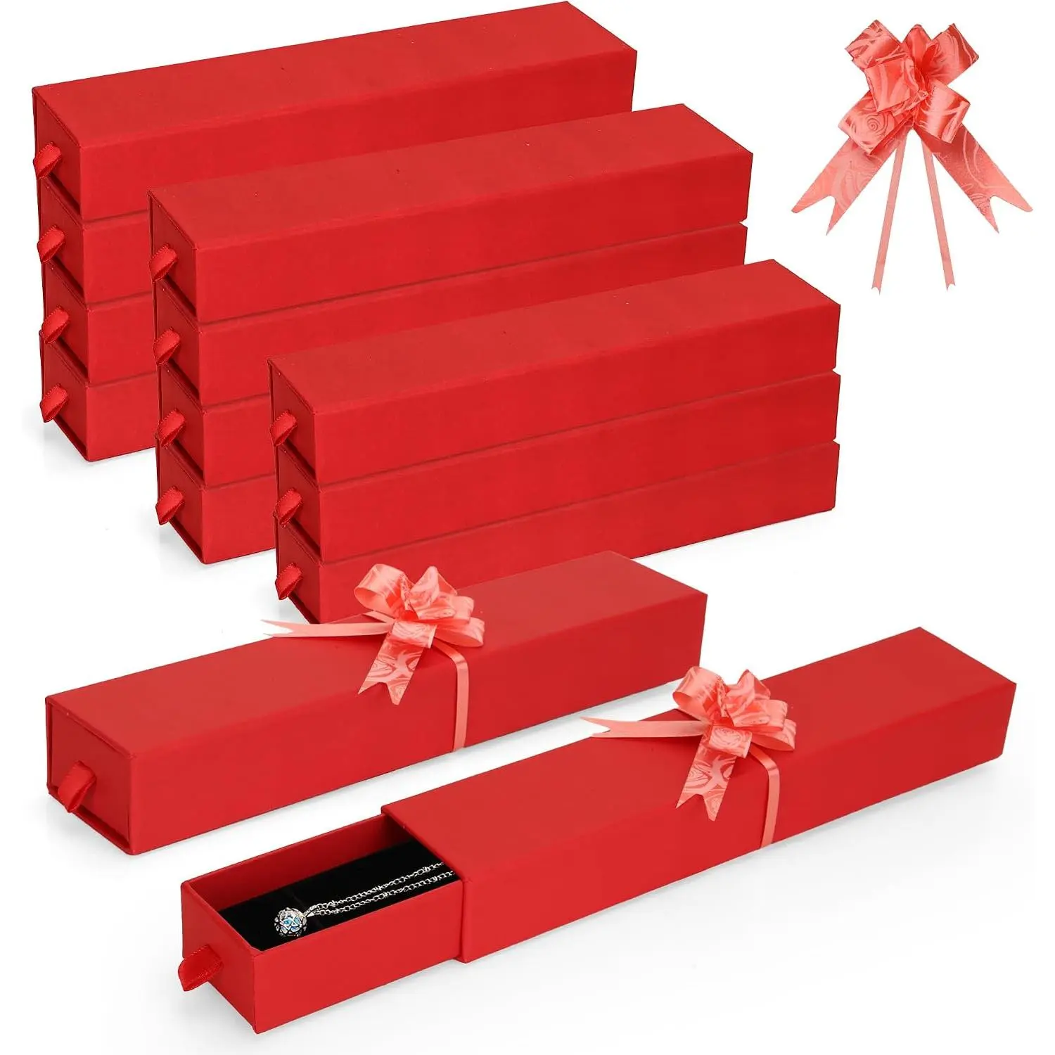 12-Pack Drawer Style   Boxes with Sponge Insert, 8.7"x1.8"x1.2" Necklace & Bracelet Display Box for Presentation, Cardboard Storage Organizer for Pendant, Ring, Earring - Red