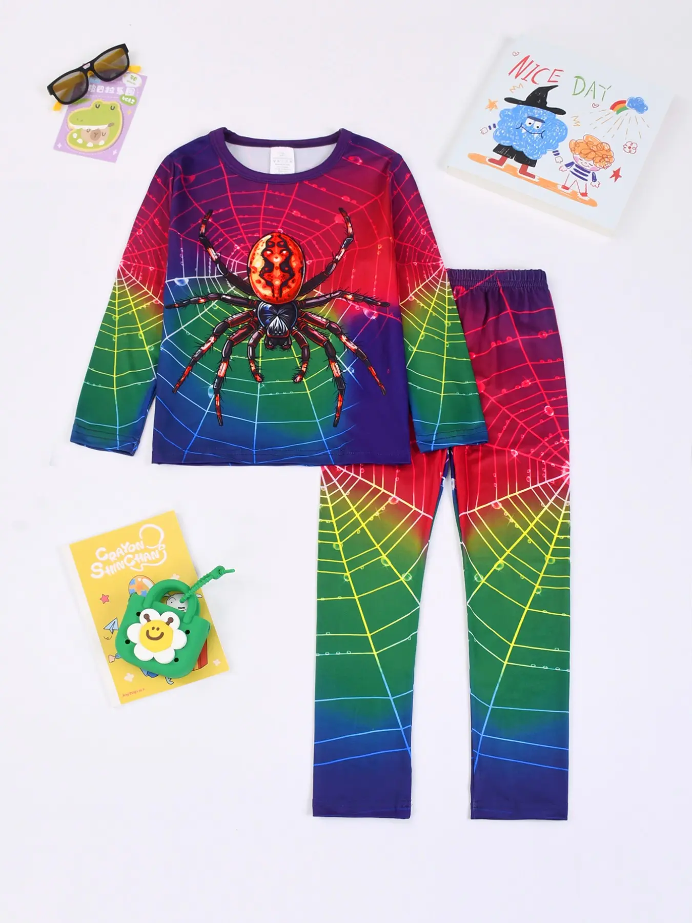 Kids' 2-Piece Pajama Set, Round Neck Long Sleeve & Pants, Digital Print Spider Pattern, Fashion Casual Comfortable Fitted Sleepwear