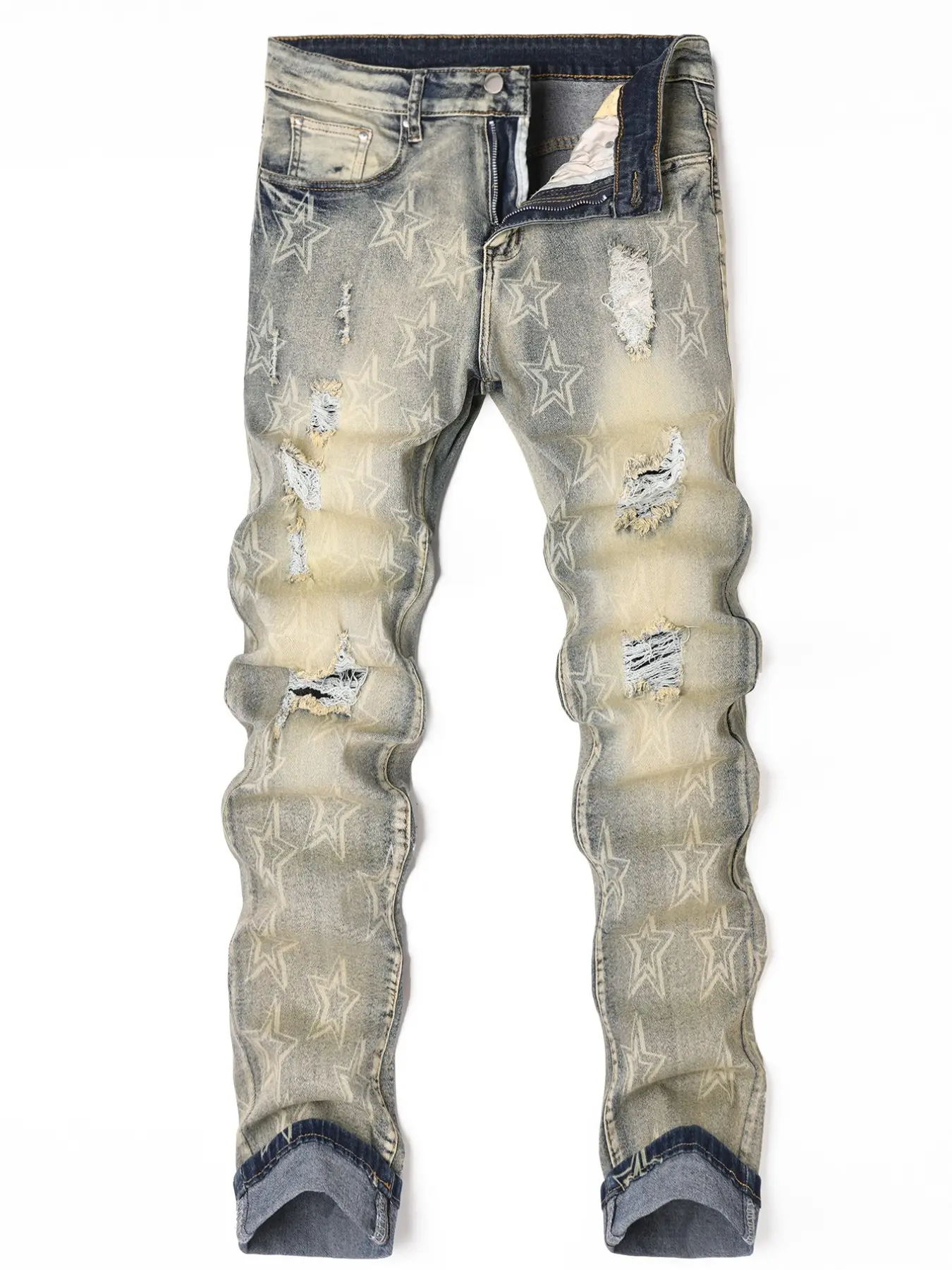 New Men's Elastic Jeans, American Retro Star Print, Ripped Street Style, Slim Fit, Perfect for Daily Wear, All Seasons