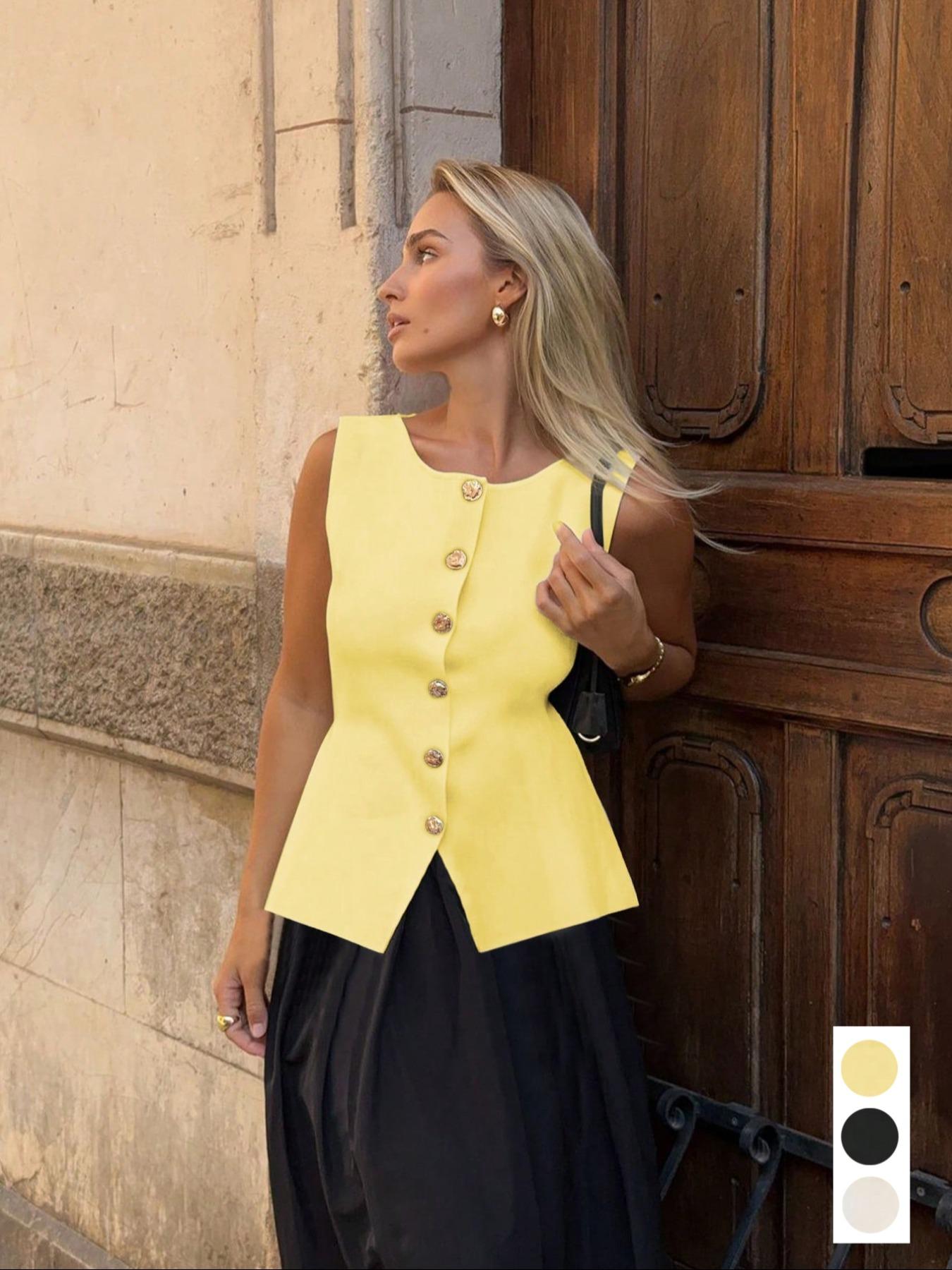 Women's Solid Color Button Front Tank Top, Elegant Sleeveless Top for Summer, Ladies Clothes for Daily Wear, Vests, Workwear