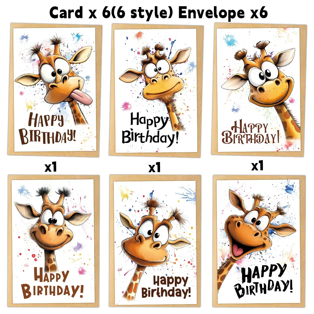[Birthday Blessing Cards]6pcs Funny Giraffe Birthday Greeting Cards | Anthropomorphic Expression Pattern, Holiday Blessing Cards with Envelope, Foldable Gift for Relatives, Teachers, Friends, Sisters