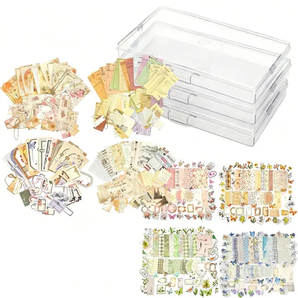 800PCS Vintage Scrapbook Supplies Kit with 3 Clear Storage Boxes, Aesthetic Junk Journal Ephemera Paper Stickers for Album DIY Craft, Planner Decorations