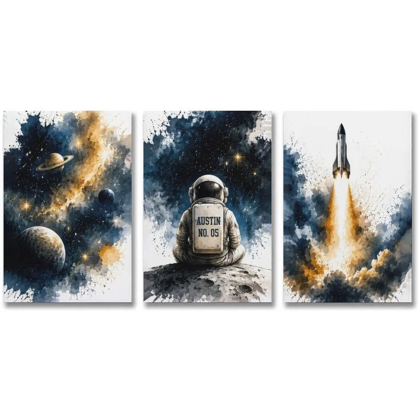 9W Personalized Astronaut Space Canvas Wall Art Custom Name Lucky Number Galaxy Poster 3 Panel Triptych Cosmic Painting for Kids Bedroom Room Decor Unframed 08x12inch(20x30cm)
