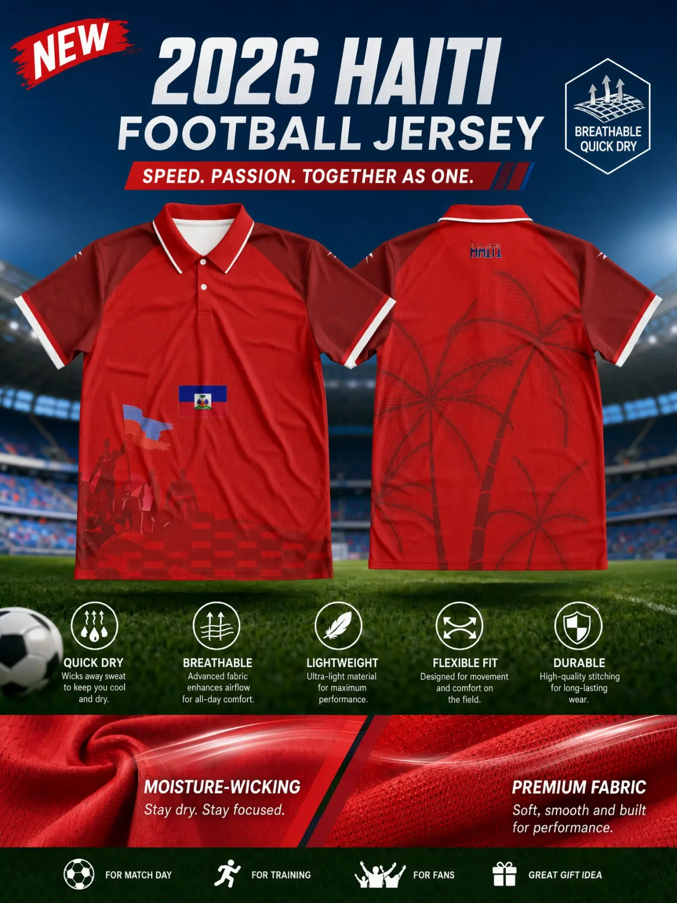 Men's Haiti Football Collar Jersey, Bright Gradient, Quick-Dry, Breathable, Sporty Style, All-Over Print, Ideal for Training and Daily Wear