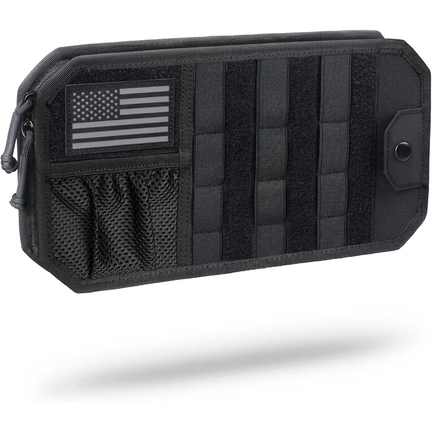 Molle Tactical Car Sun Visor Organizer Panel, Size 12.8*6.9 Inch Semi-Rigid Storage Board, Built-in Zipper Pouch, Sunglasses Holder and Patch Area, Universal Fit for Cars, Trucks and Pickups to Store Tactical Gear