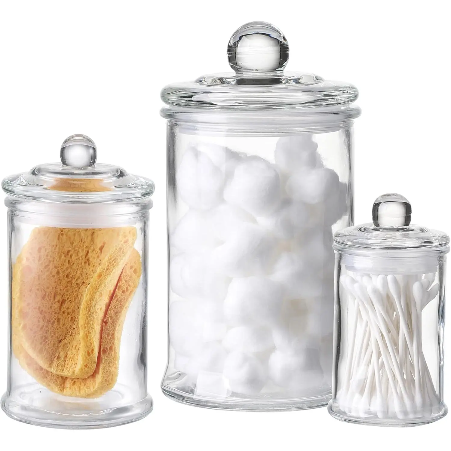 Glass Apothecary Jars with Lids – Set of 3 Clear Bathroom Storage Containers for Cotton Balls, Swabs & Accessories, Decorative Vanity Organizer