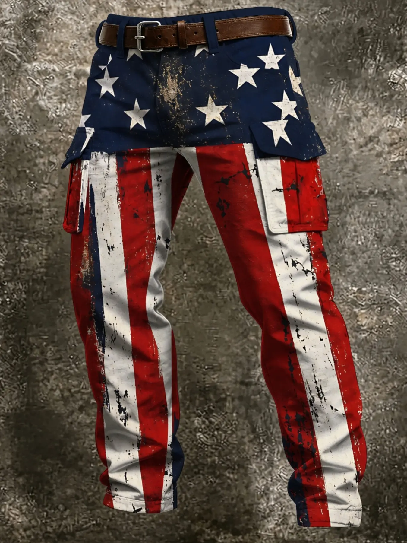 Men's Vintage Star-Spangled Work Pants, Distressed American Flag Print, Large Pockets, Slim-Fit, Casual Style, Fall & Winter
