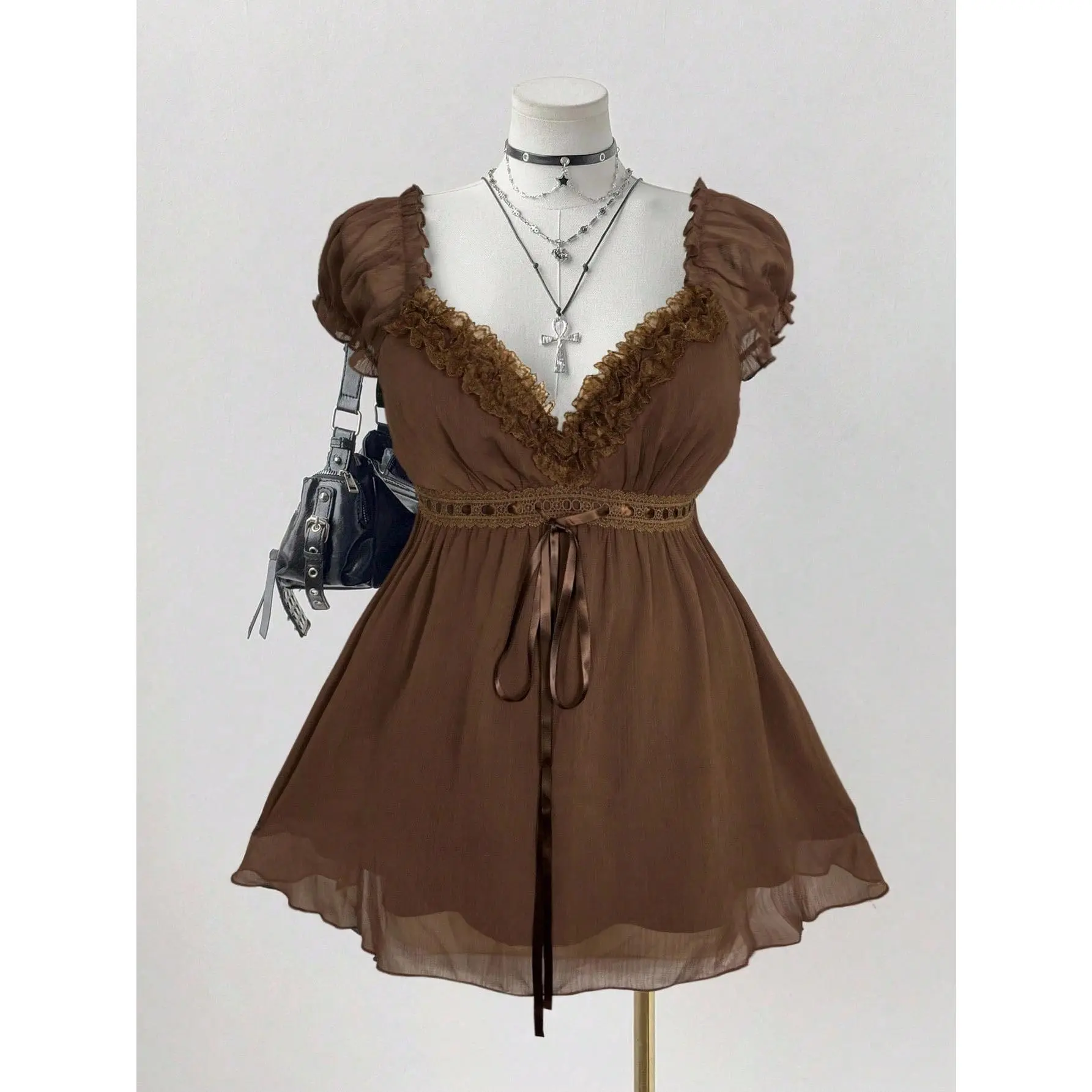 Plus Size Y2K Gothic Sheer Lace Blouse Puff Short Sleeve Shirred Ruffle Peplum Tops, Going Out Tops