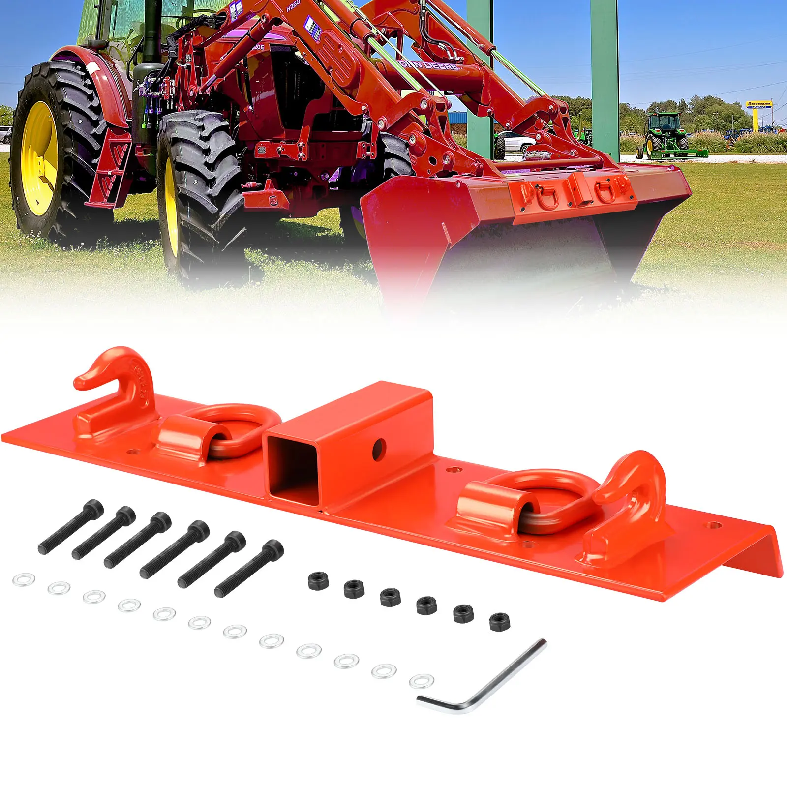 Heavy-duty Multi-functional Tractor Bucket Grab Hook with 2-inch Coupling – Bolt-mounted 5/16-inch Hook – 1/2-inch Forged D-Ring – Compact Tractor Loader Steel Towing Attachment – Suitable for Models 1025R, 2320, 2520, 2720, 2025R, 2032R