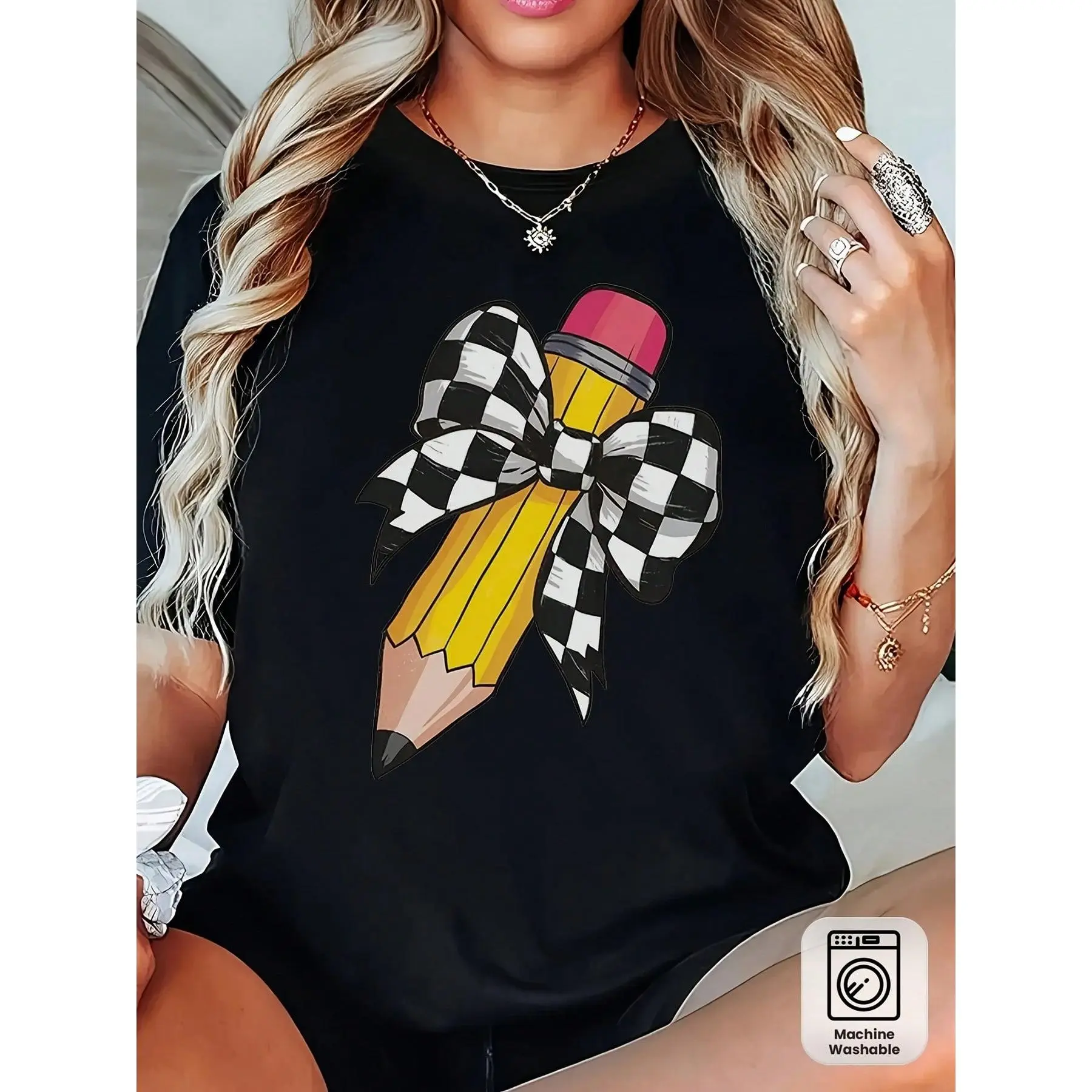 Women's Teacher T-Shirt, Soft Breathable 100% Cotton Top with a Casual Pencil Print, Black Crew Neck for Daily Casual Wear, Regular Length Normal Type Fit for All Seasons, Machine Washable Christmas Gift, Plaid, Short Sleeves, All Over Print, Breathable S