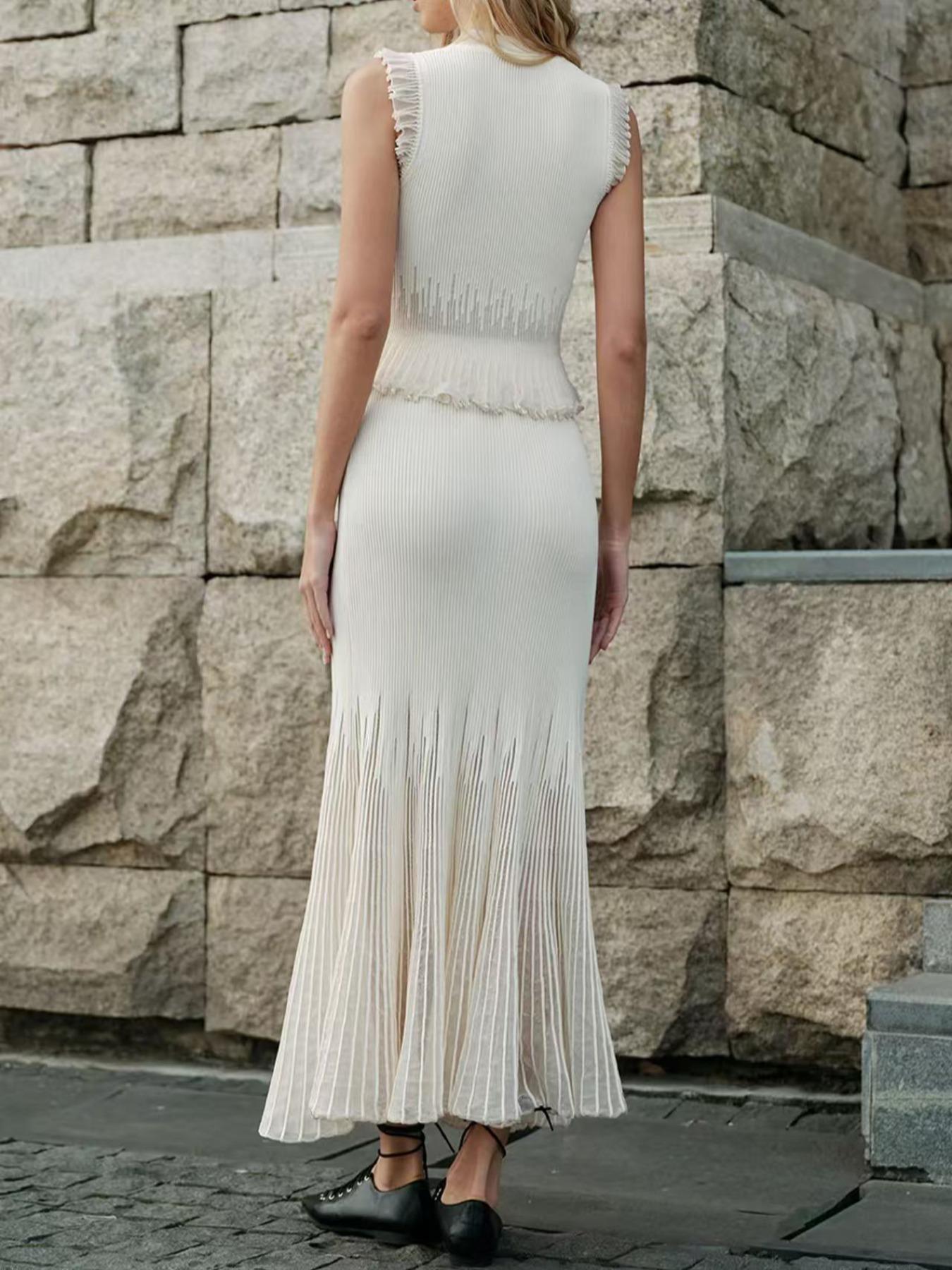 Elegant Two-Piece Set, Sleeveless Knitted Vest & Long Pleated Skirt, Fashionable Slim Fit Design, Perfect for Women, Womenswear