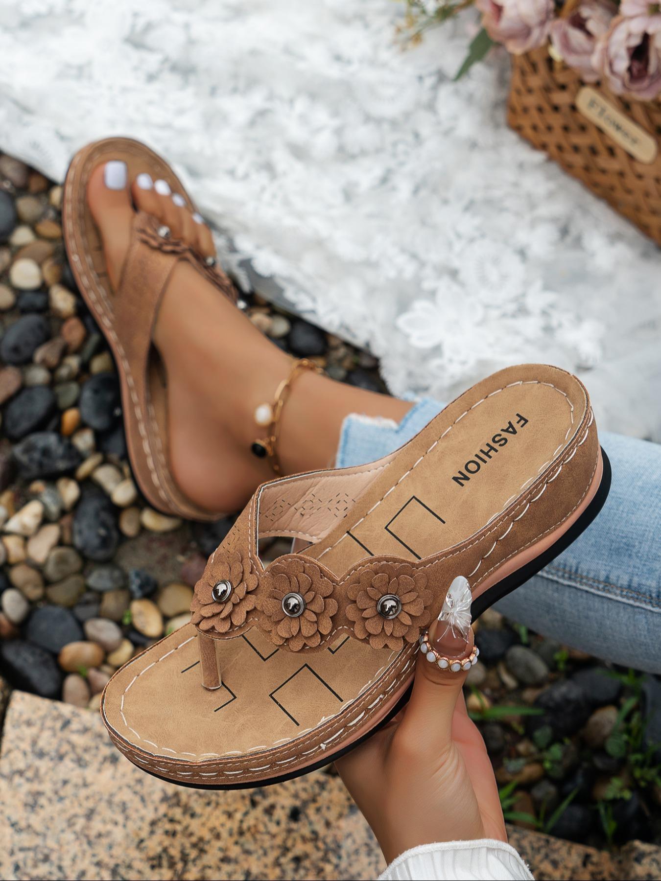 Women's Fashionable Flower Decorated Flip Flops, Casual Comfortable Platform Sandals for Summer, Lightweight Breathable Shoes for Daily Wear, Girl, Boho Sandals