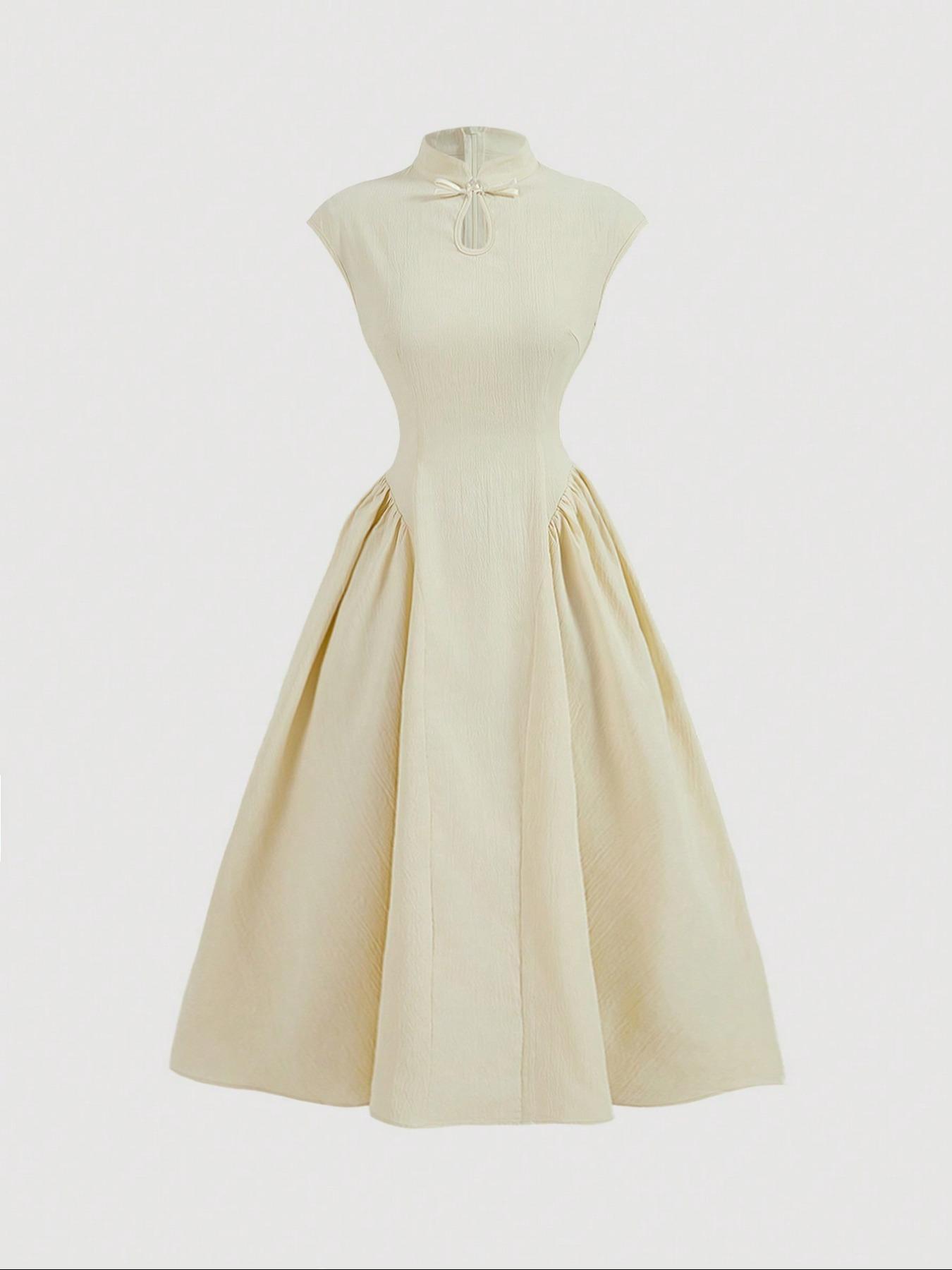 Women's Plain Mandarin Collar A Line Dress, Summer Clothes Women, Elegant Fashion Casual Zipper Back Long Dress for Daily Outdoor Wear, Women Dress for Summer, Casual Elegance Chic